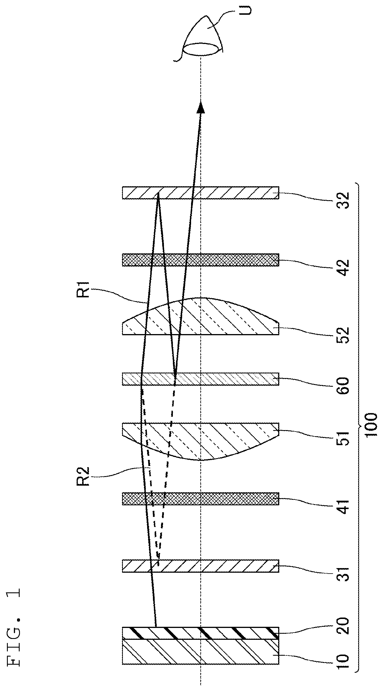 Patent US12174386 Figure 1 – Display device including a first lens and a second lens having shapes asymmetric about a semi-transparent mirror, and head-mounted display