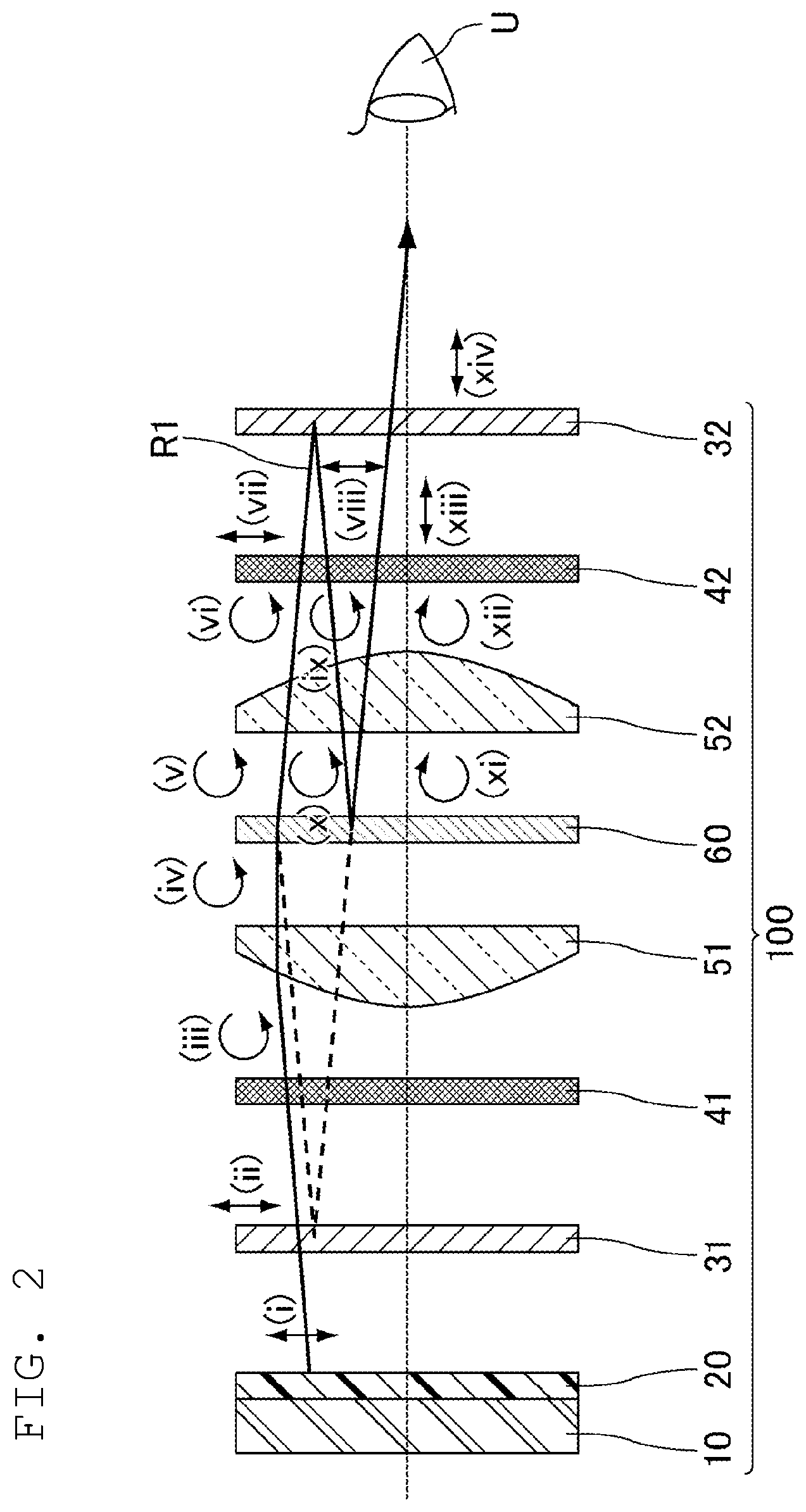 Patent US12174386 Figure 2 – Display device including a first lens and a second lens having shapes asymmetric about a semi-transparent mirror, and head-mounted display