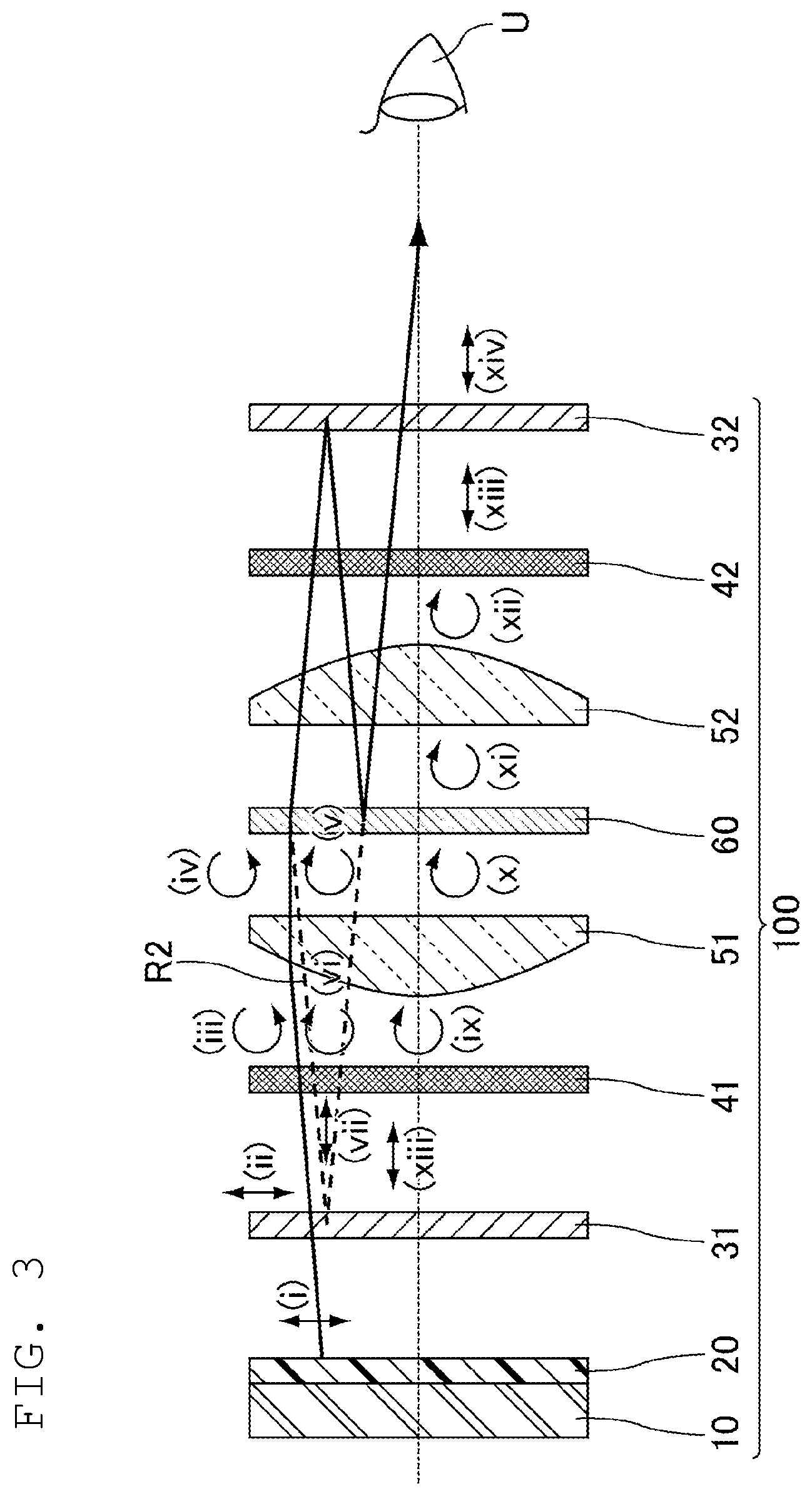 Patent US12174386 Figure 3 – Display device including a first lens and a second lens having shapes asymmetric about a semi-transparent mirror, and head-mounted display