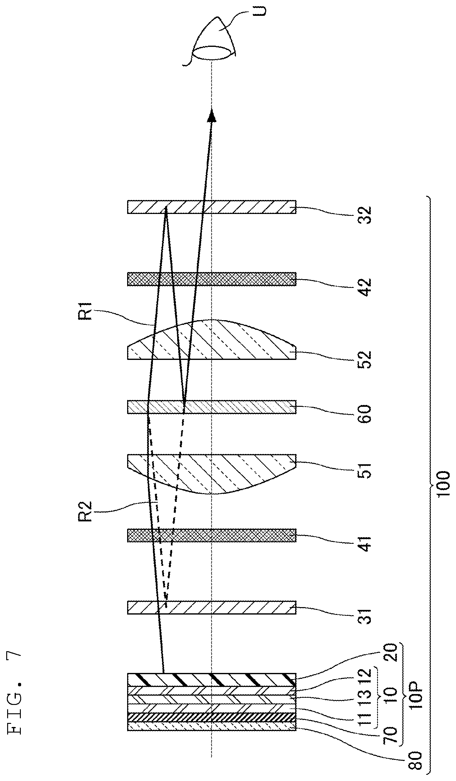Patent US12174386 Figure 6 – Display device including a first lens and a second lens having shapes asymmetric about a semi-transparent mirror, and head-mounted display