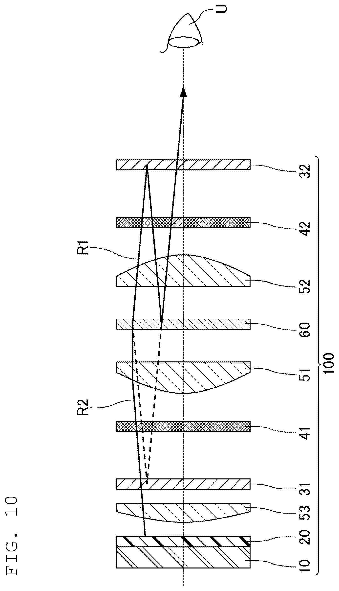 Patent US12174386 Figure 8 – Display device including a first lens and a second lens having shapes asymmetric about a semi-transparent mirror, and head-mounted display