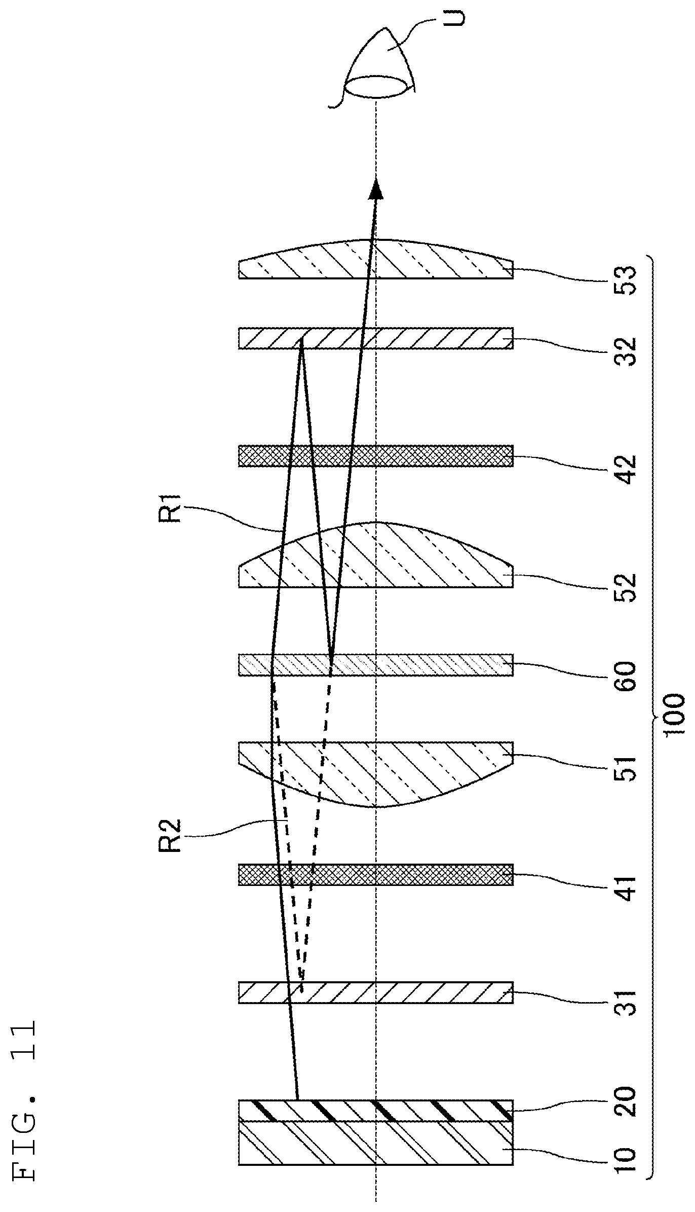 Patent US12174386 Figure 9 – Display device including a first lens and a second lens having shapes asymmetric about a semi-transparent mirror, and head-mounted display