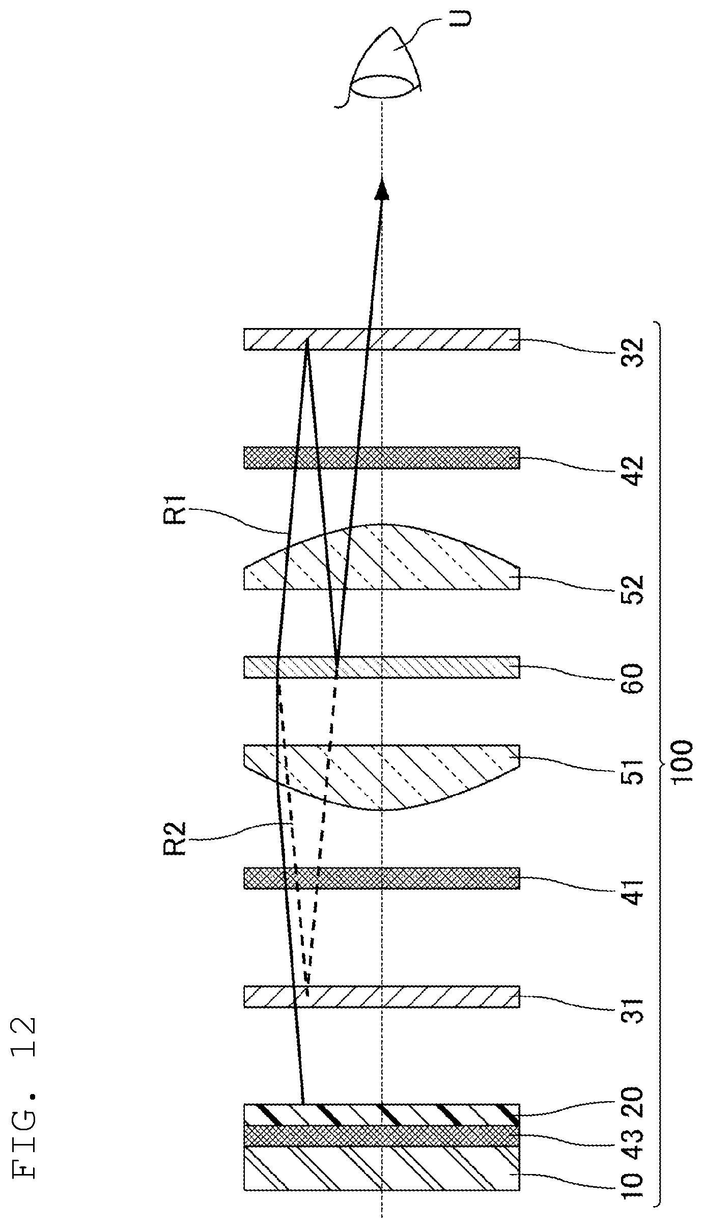 Patent US12174386 Figure 10 – Display device including a first lens and a second lens having shapes asymmetric about a semi-transparent mirror, and head-mounted display