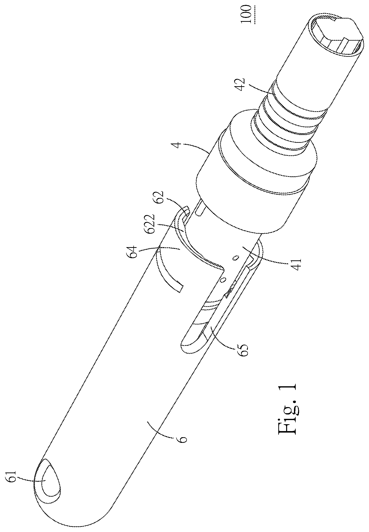 Patent US12174429 Figure 1 – Optical-fiber connector with a protective cap and standard connector