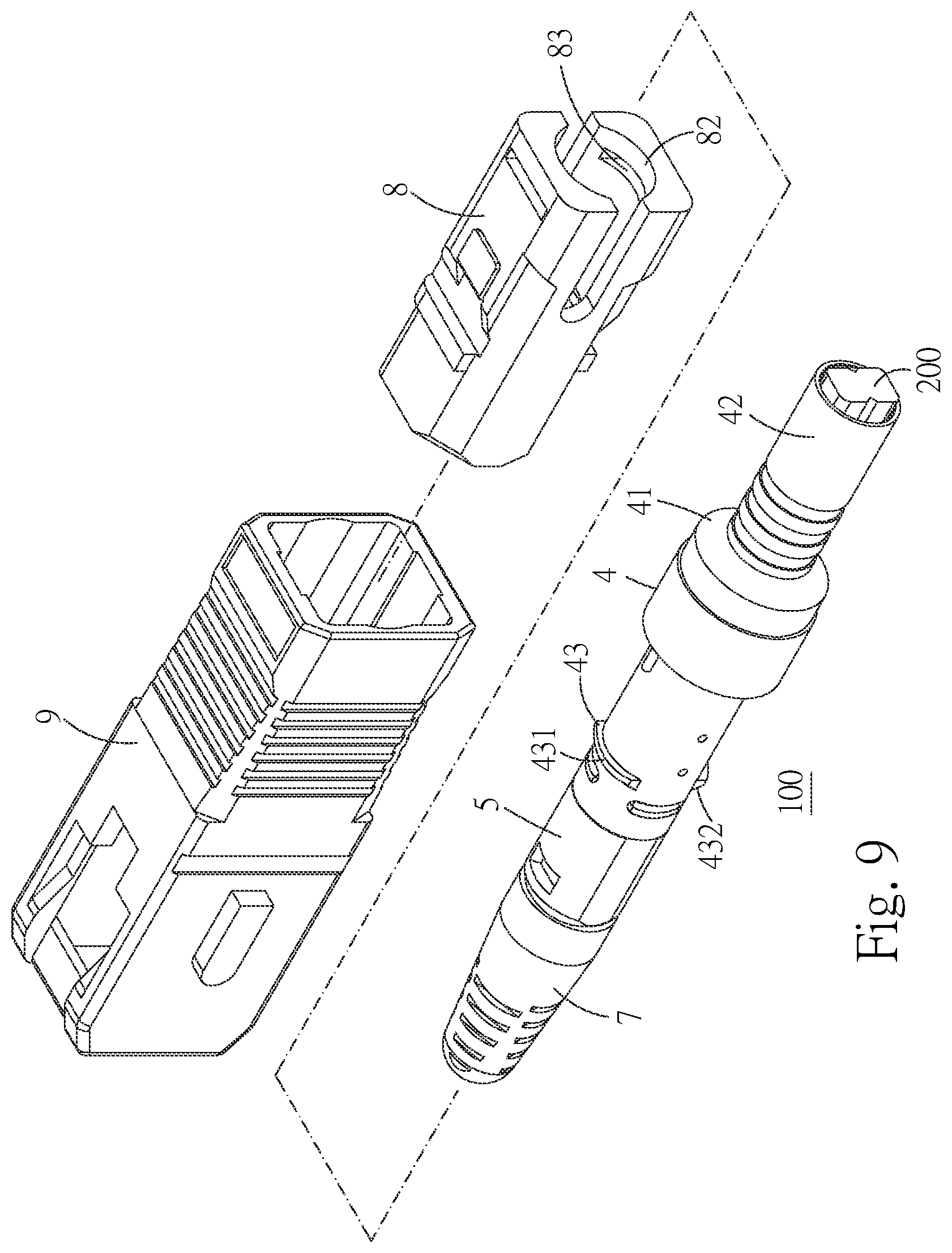 Patent US12174429 Figure 7 – Optical-fiber connector with a protective cap and standard connector