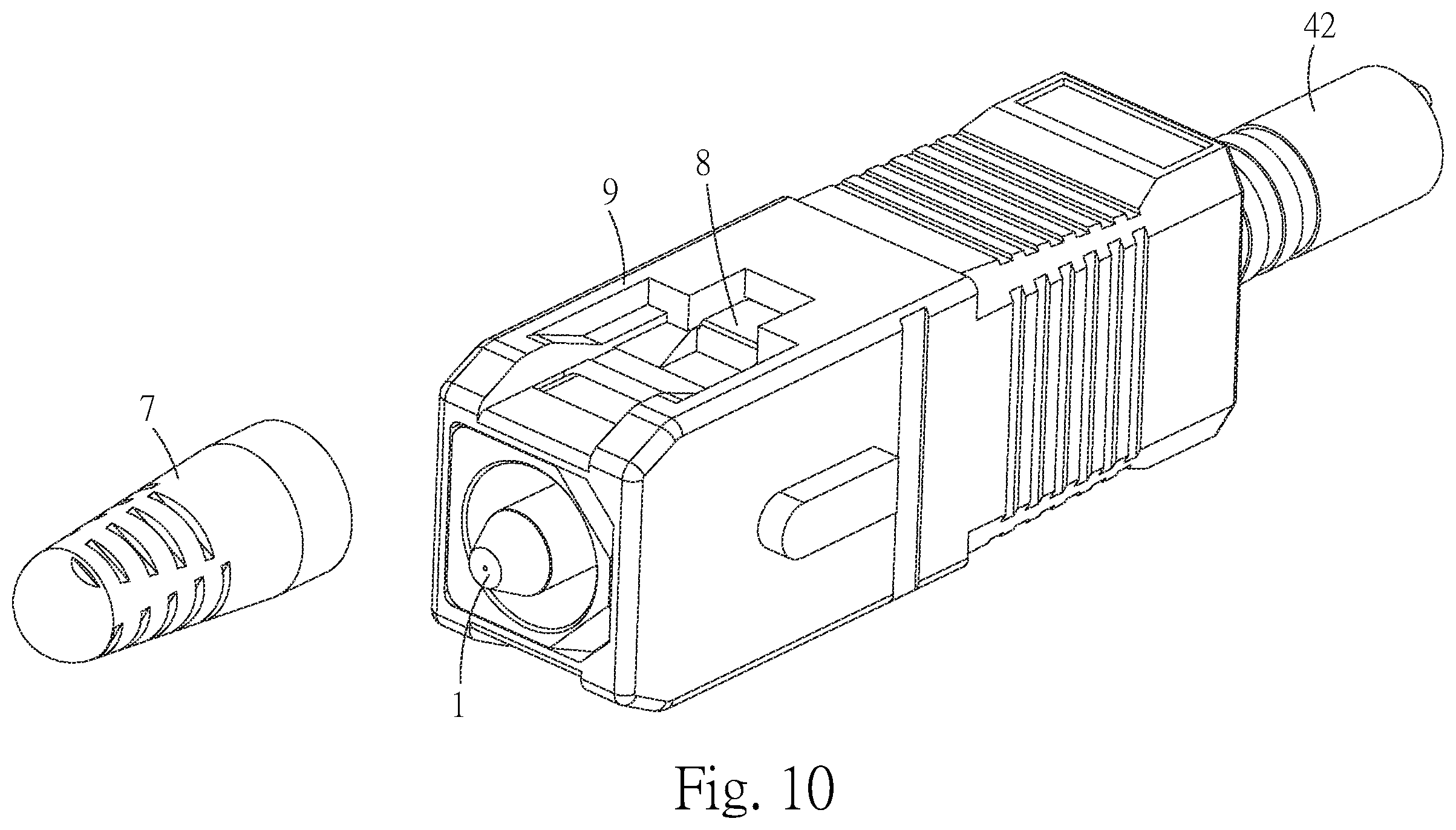 Patent US12174429 Figure 8 – Optical-fiber connector with a protective cap and standard connector