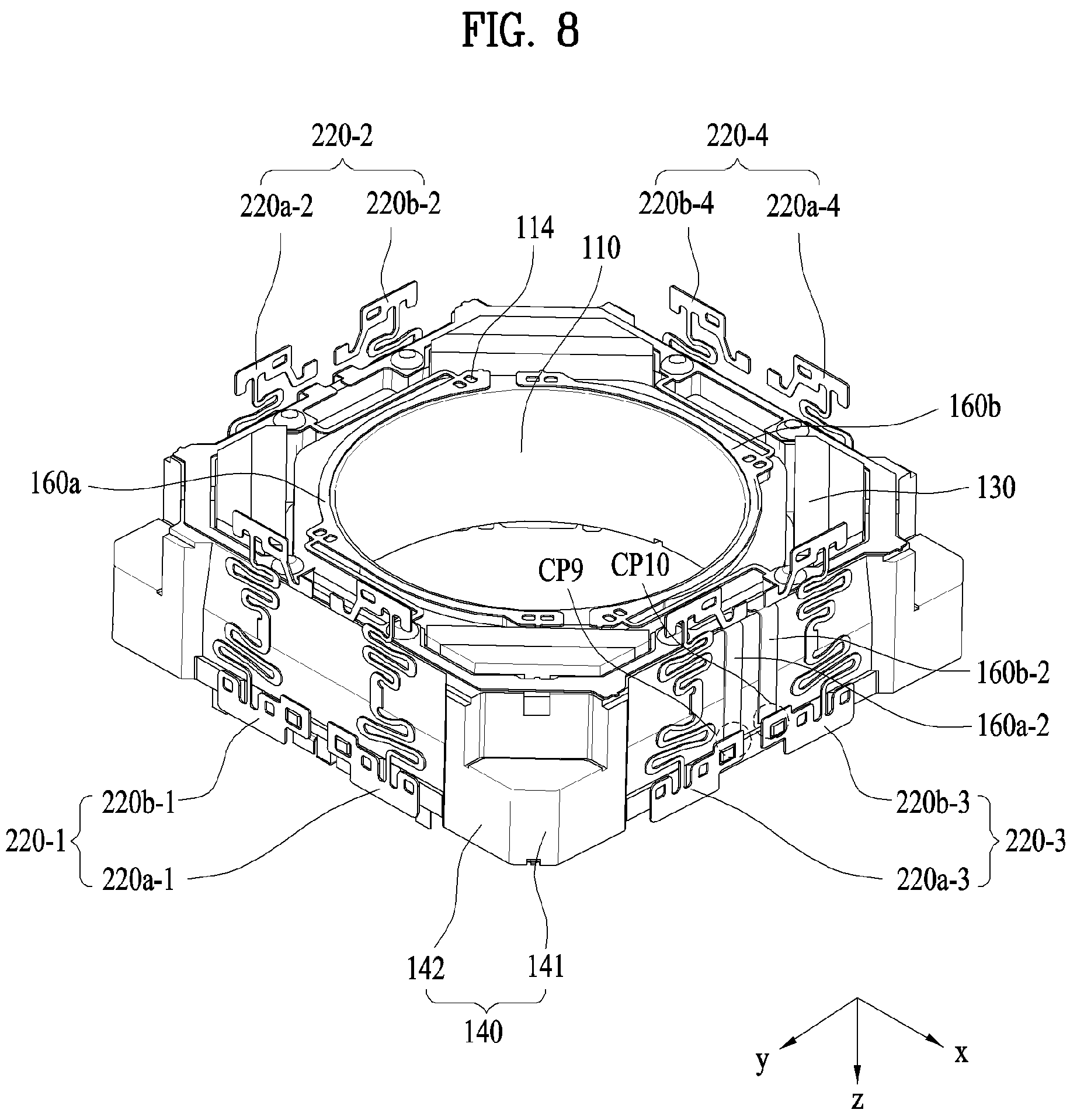 Patent US12174450 Figure 8 – Lens moving apparatus with a bobbin comprising a groove and elastic members and camera module including the same