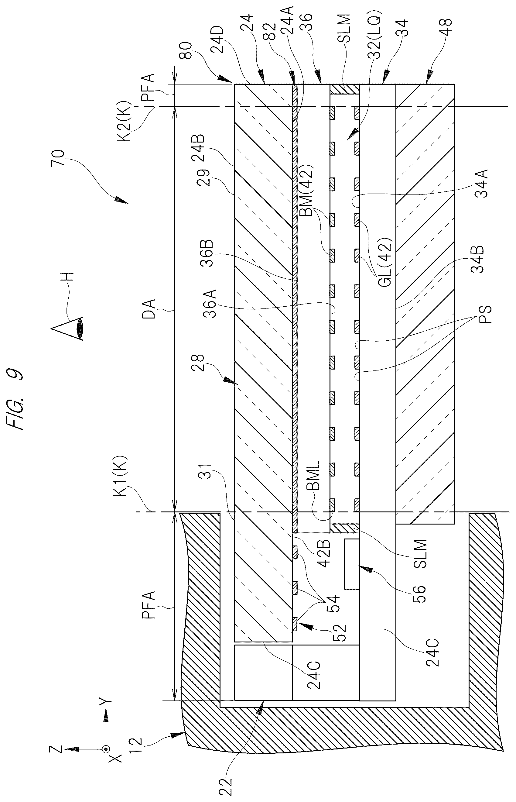 Patent US12174481 Figure 9 – Display device comprising a partition section having a plurality of structures arranged at intervals and a diffraction section configured to diffract a plurality of lights