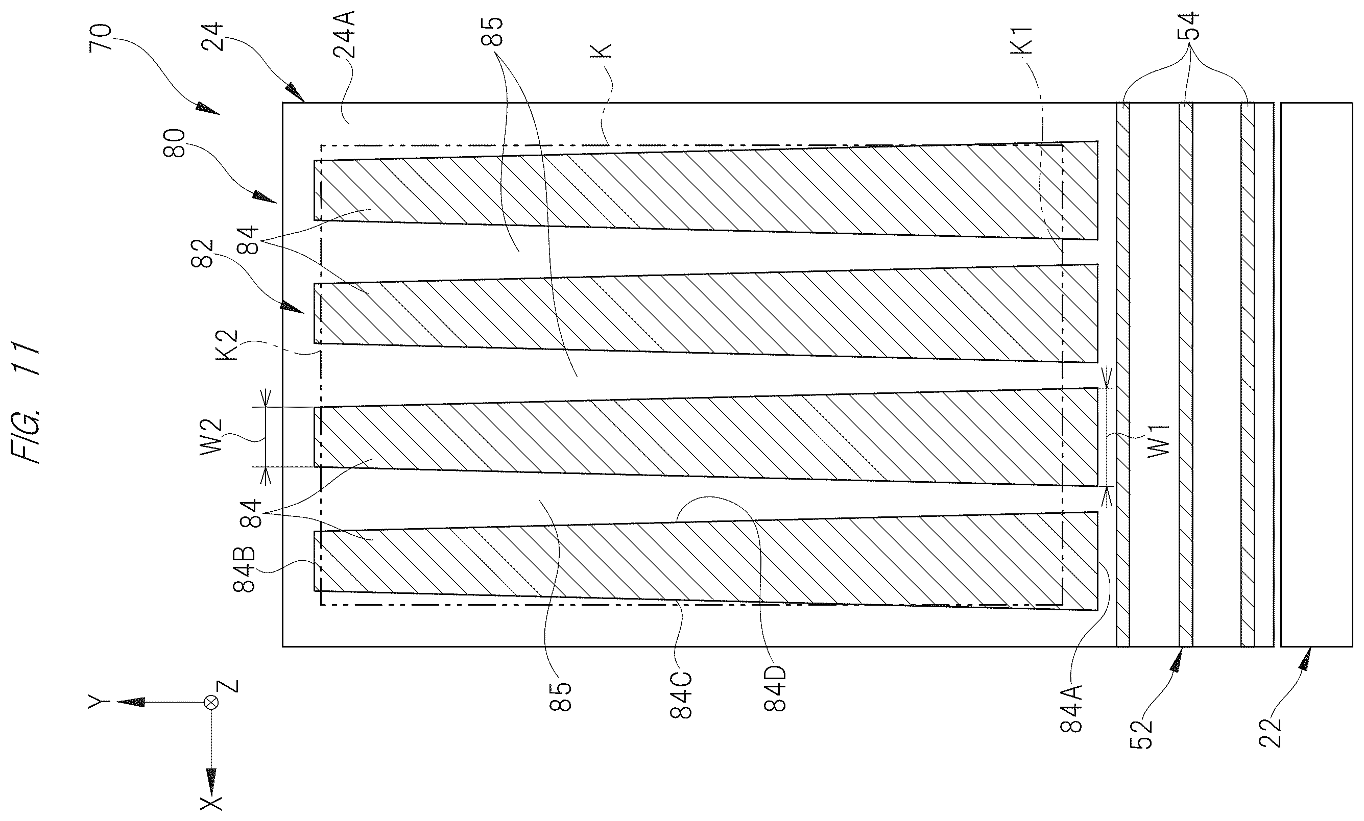 Patent US12174481 Figure 11 – Display device comprising a partition section having a plurality of structures arranged at intervals and a diffraction section configured to diffract a plurality of lights