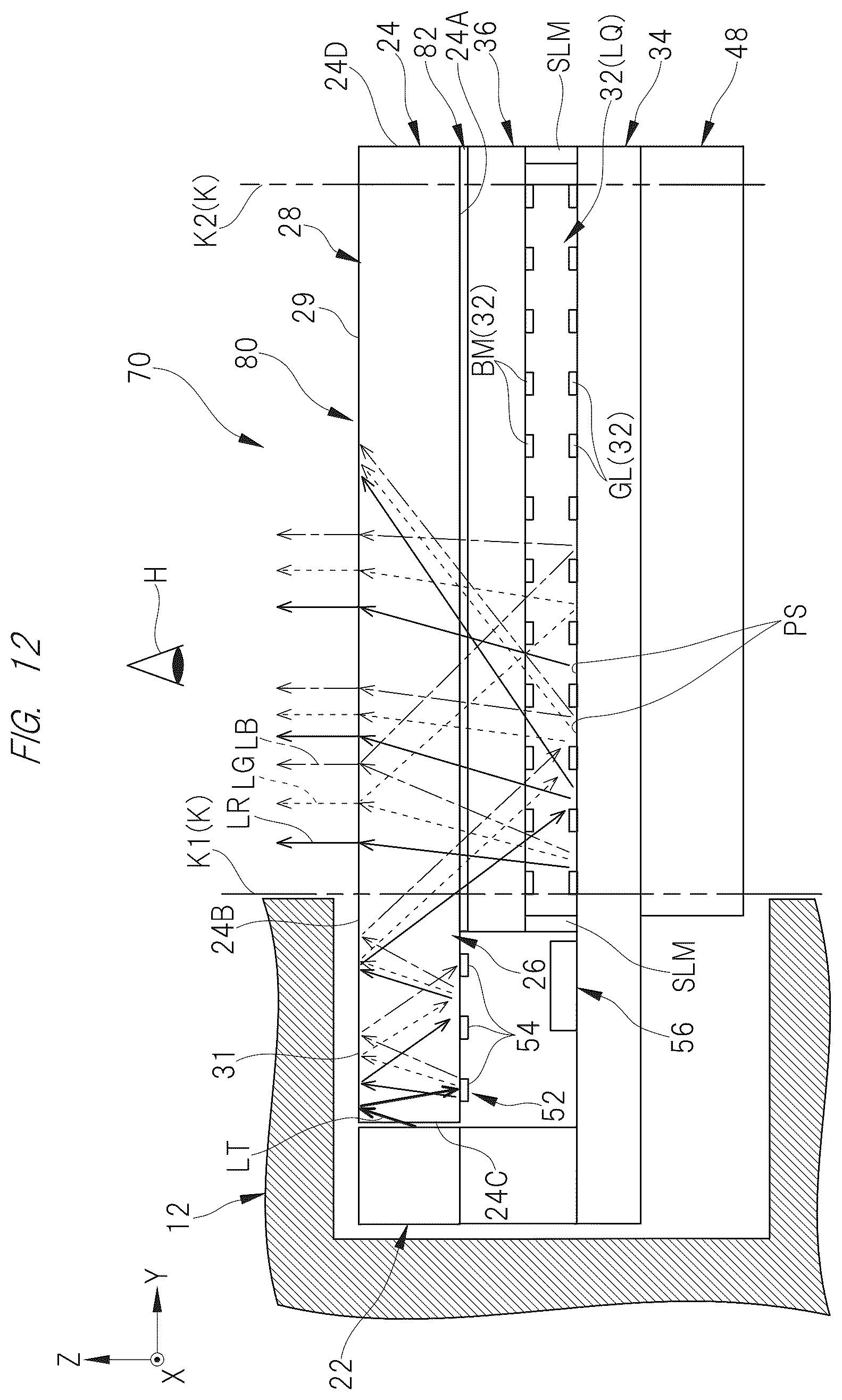 Patent US12174481 Figure 12 – Display device comprising a partition section having a plurality of structures arranged at intervals and a diffraction section configured to diffract a plurality of lights