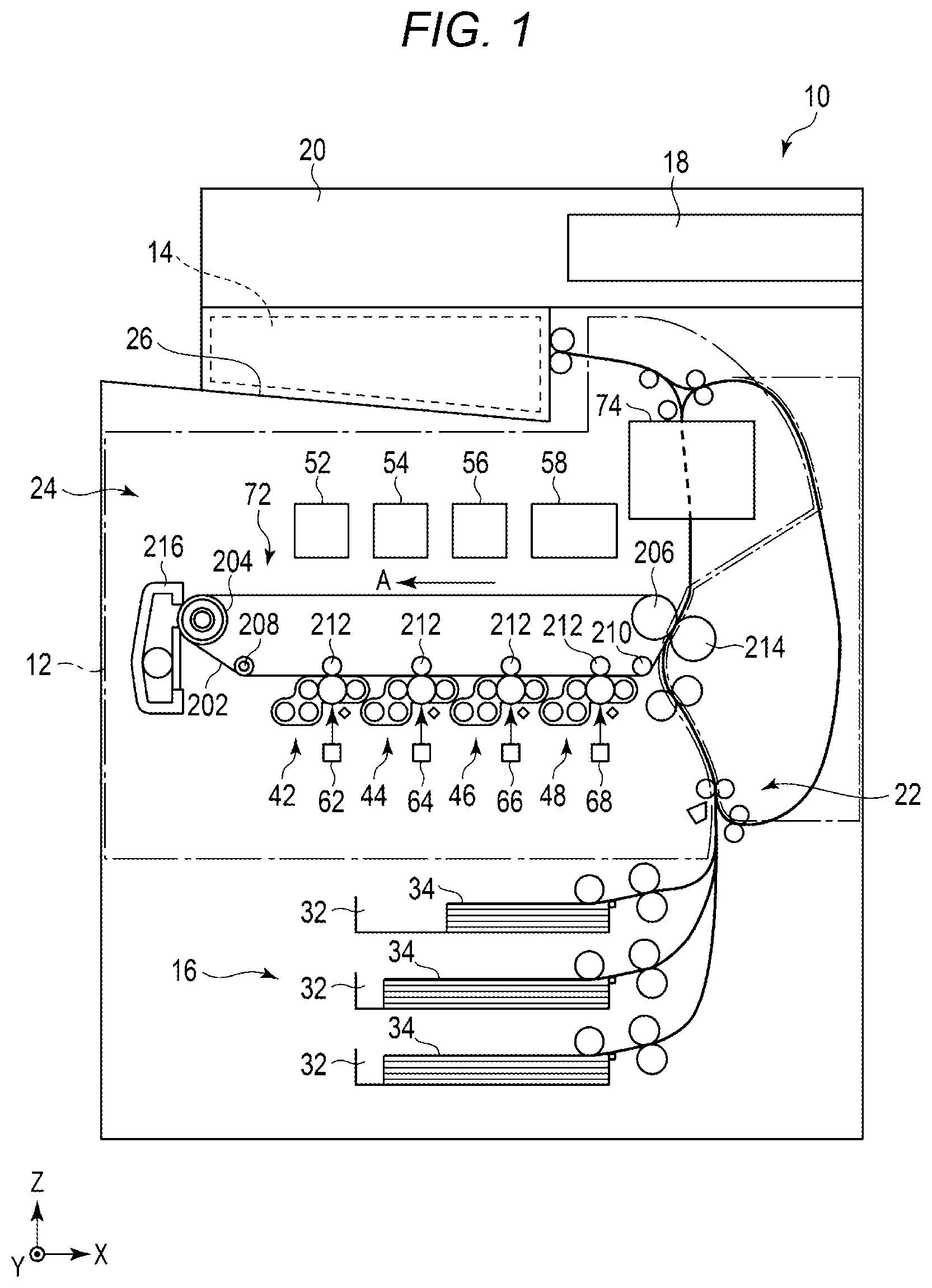 Patent US12174554 Figure 1 – Image forming apparatus with repositionable shutter assembly
