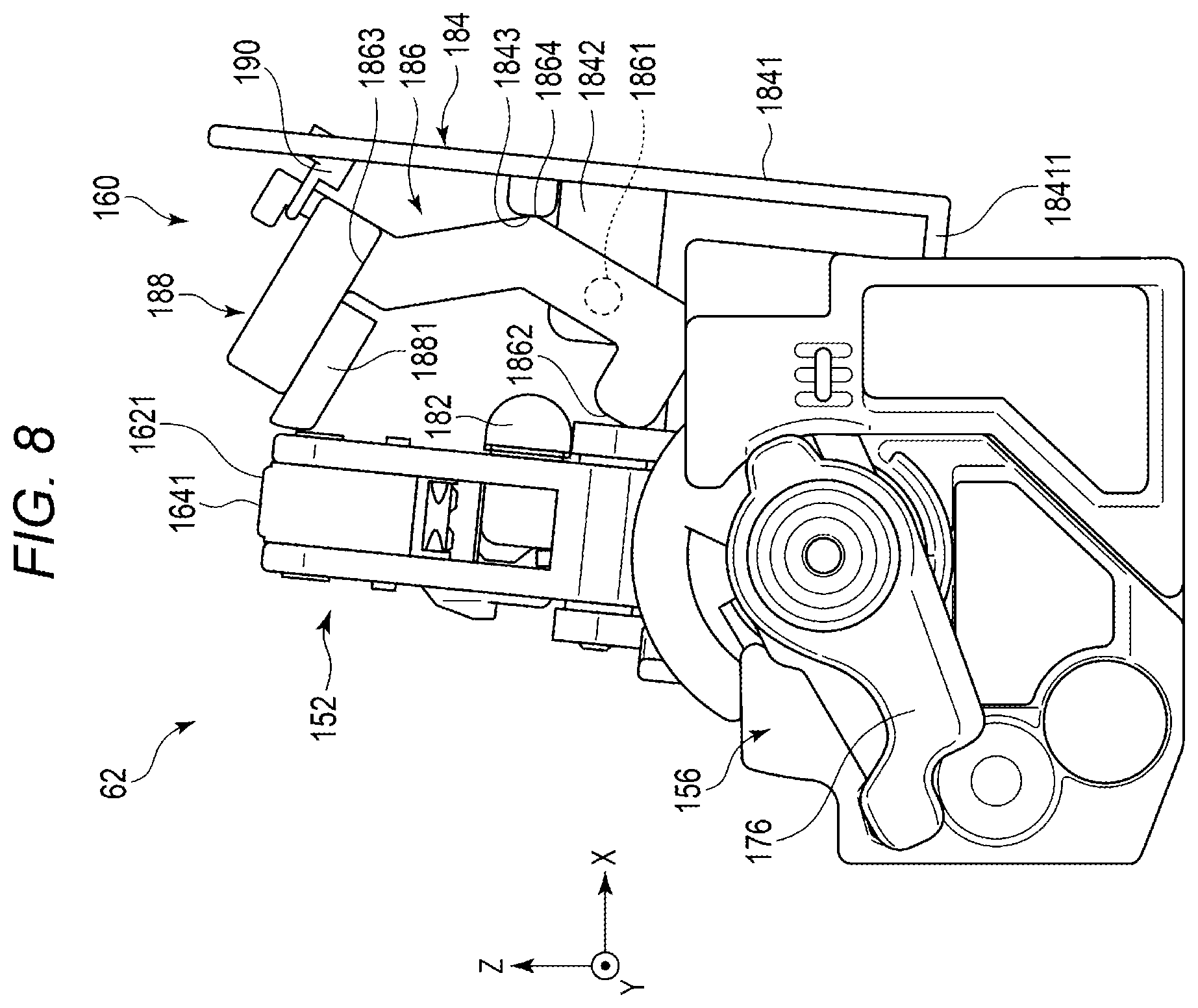 Patent US12174554 Figure 8 – Image forming apparatus with repositionable shutter assembly