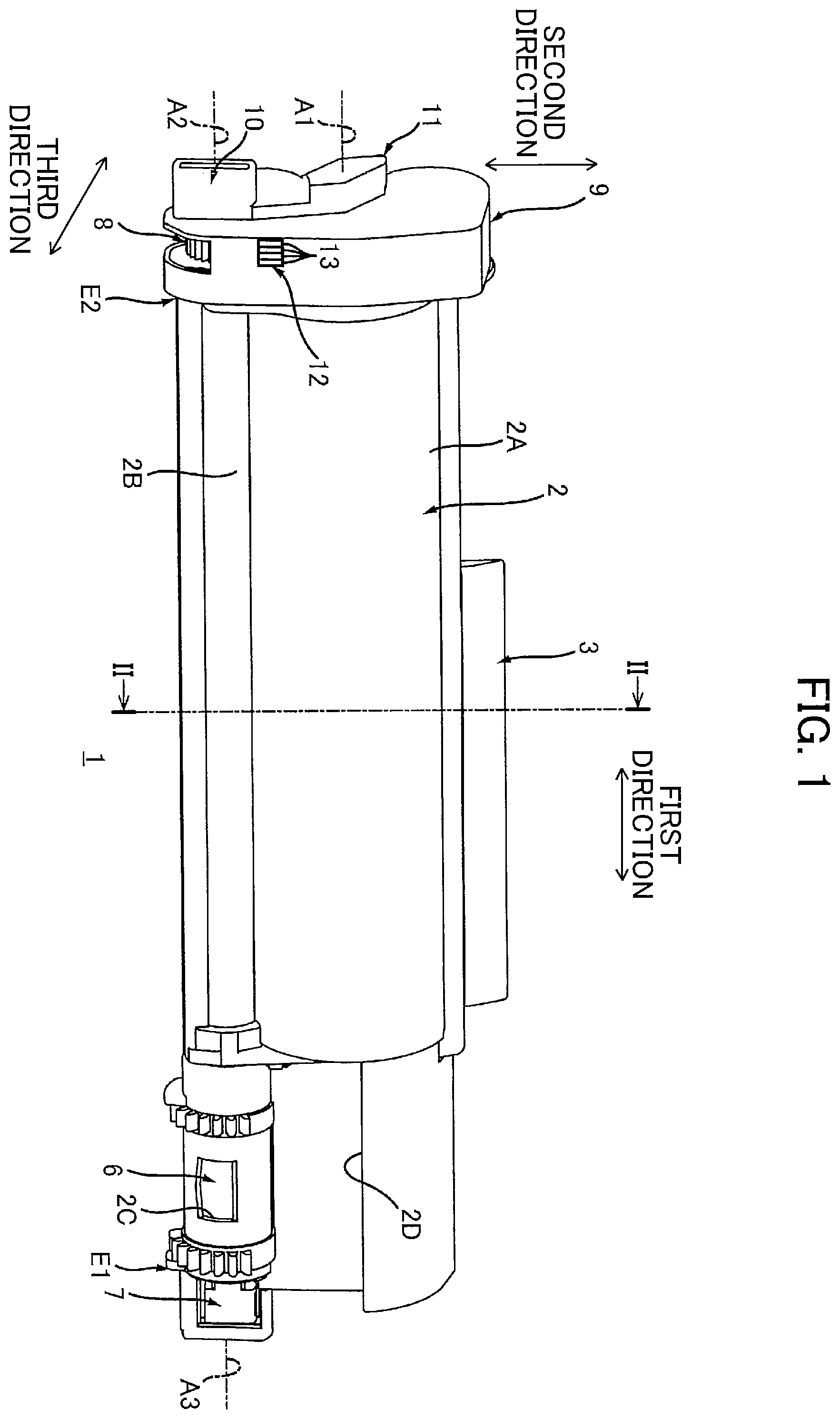 Patent US12174559 — Toner cartridge having electrical contact surface that can contact electrical contact surface of drum cartridge in accordance with pivotal movement of casing — Figure 1