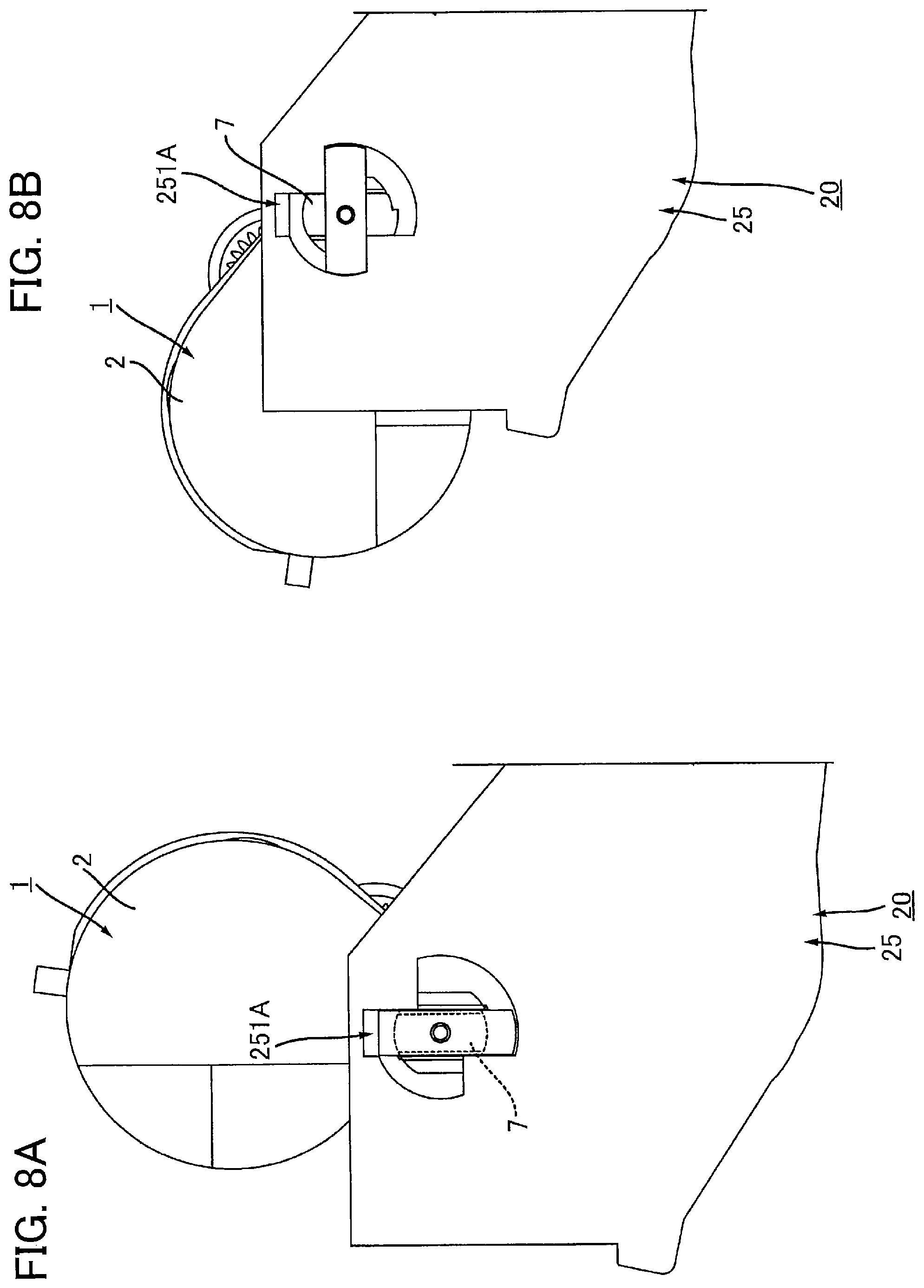 Patent US12174559 Figure 8 – Toner cartridge having electrical contact surface that can contact electrical contact surface of drum cartridge in accordance with pivotal movement of casing