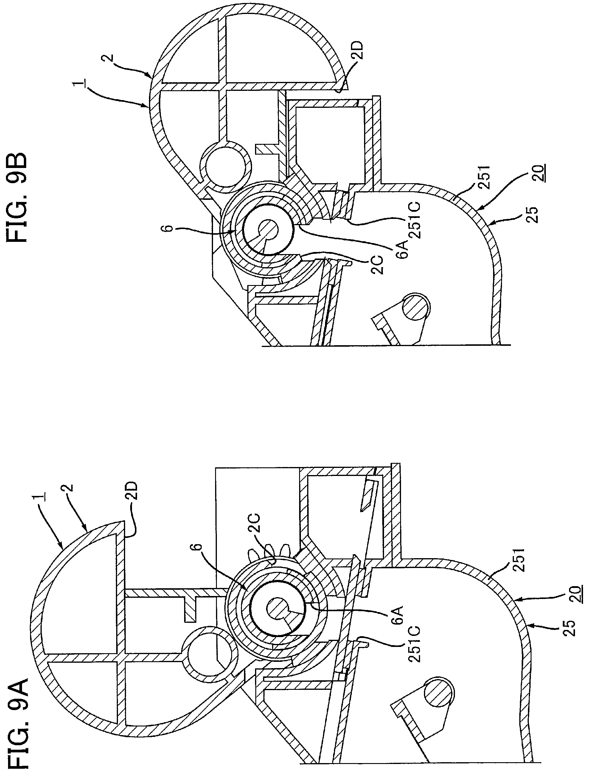 Patent US12174559 Figure 9 – Toner cartridge having electrical contact surface that can contact electrical contact surface of drum cartridge in accordance with pivotal movement of casing