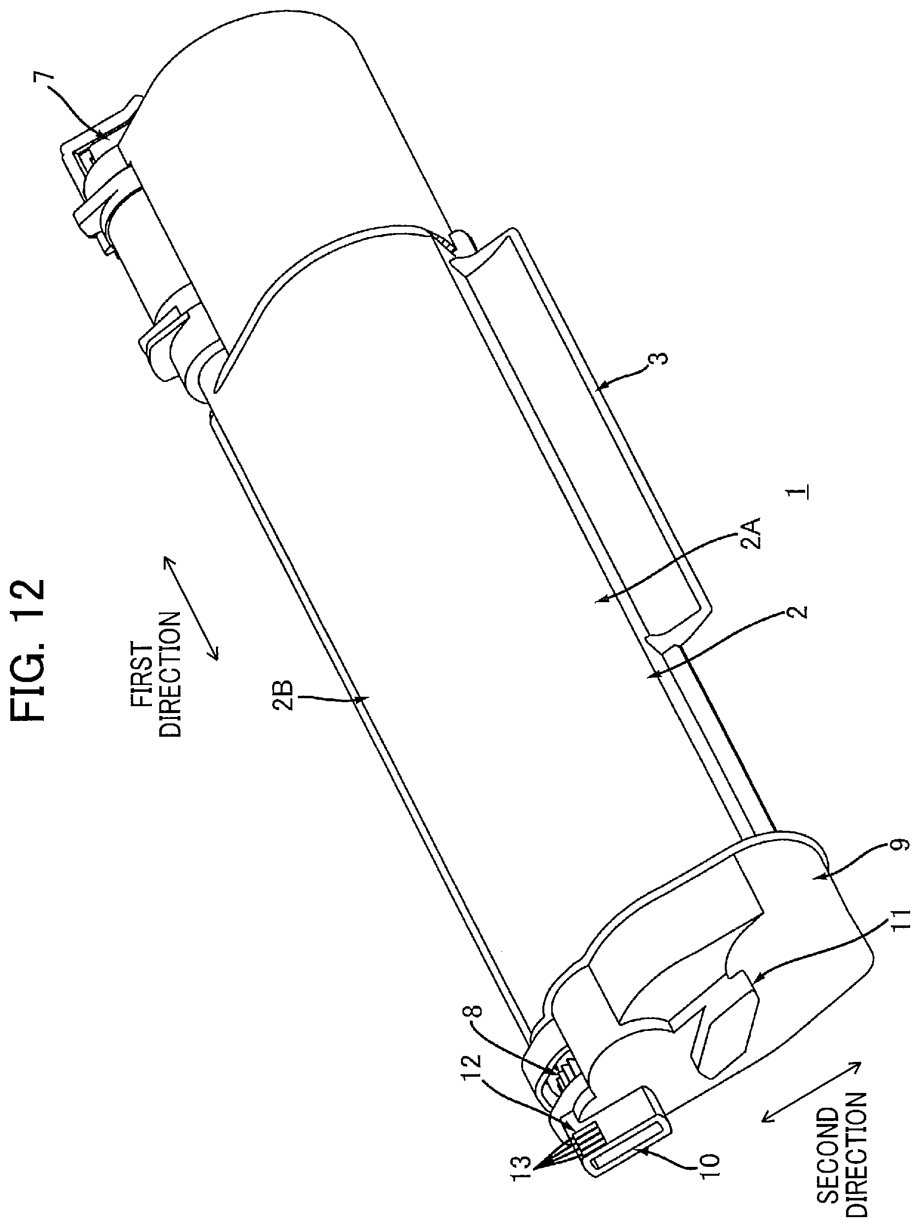 Patent US12174559 Figure 12 – Toner cartridge having electrical contact surface that can contact electrical contact surface of drum cartridge in accordance with pivotal movement of casing