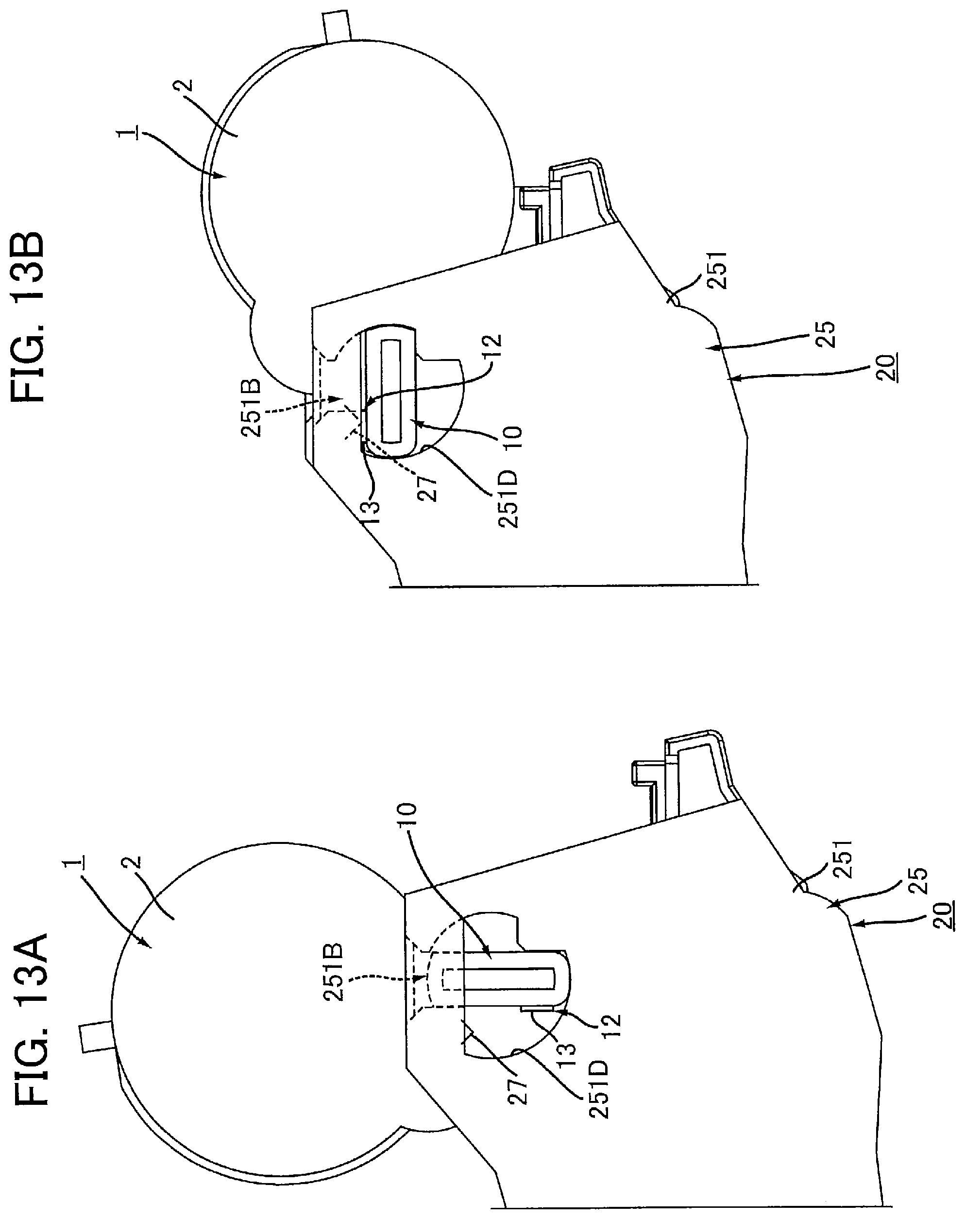 Patent US12174559 Figure 13 – Toner cartridge having electrical contact surface that can contact electrical contact surface of drum cartridge in accordance with pivotal movement of casing