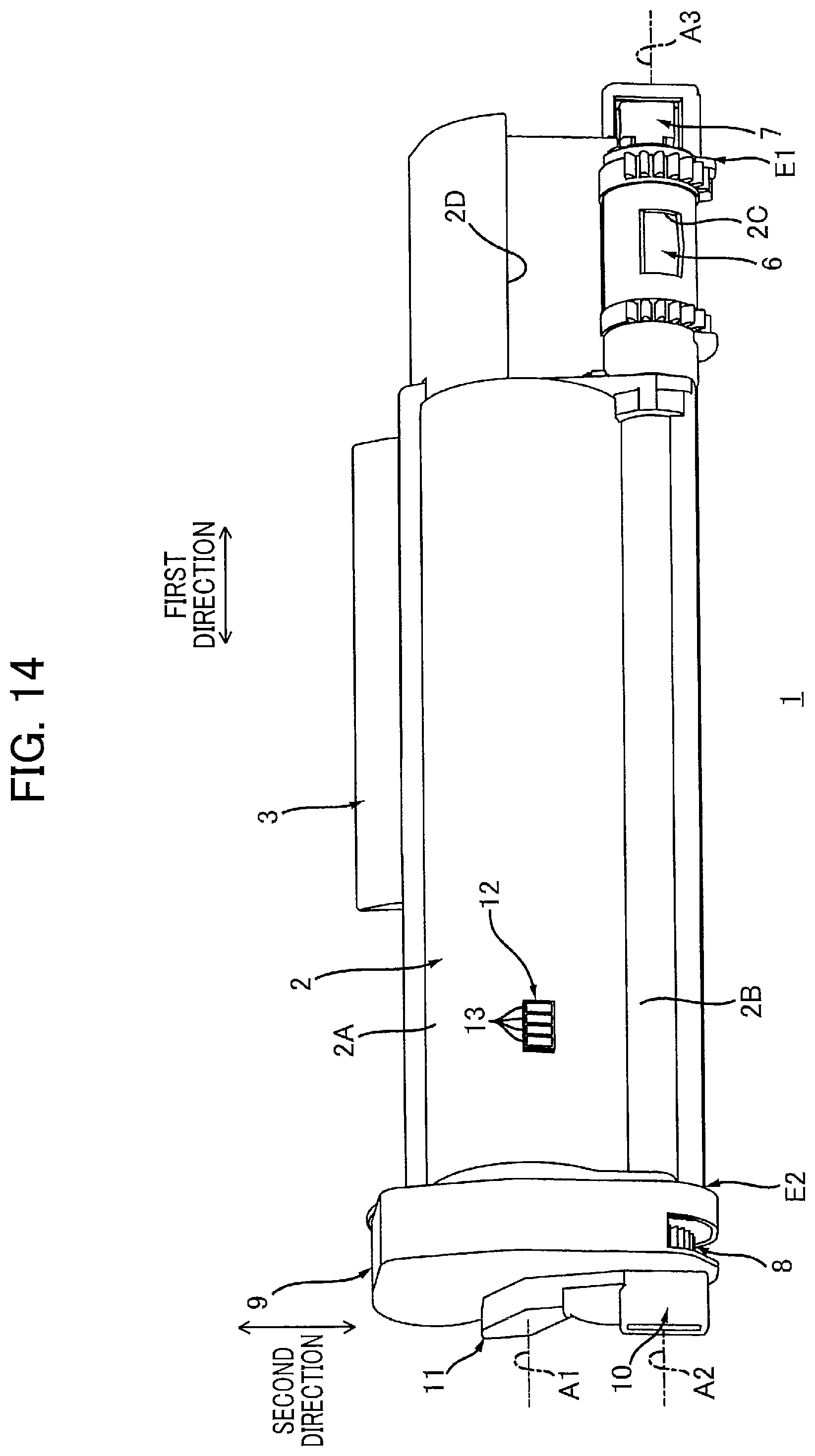 Patent US12174559 Figure 14 – Toner cartridge having electrical contact surface that can contact electrical contact surface of drum cartridge in accordance with pivotal movement of casing