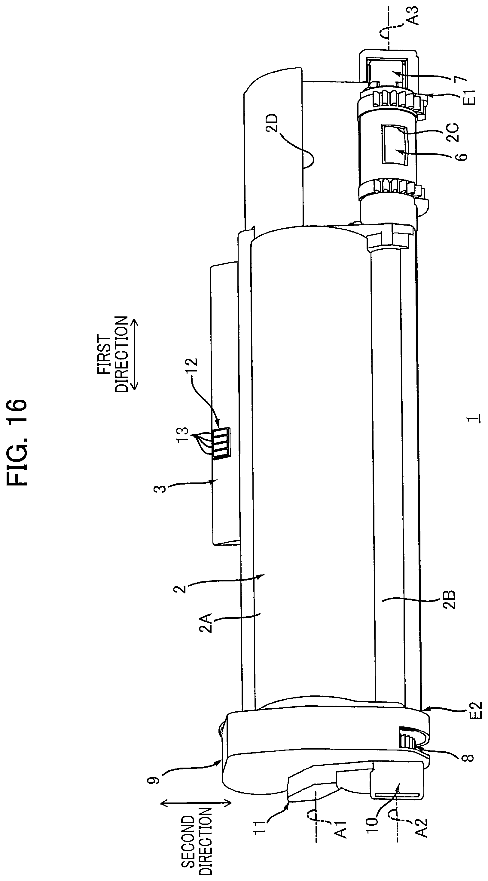 Patent US12174559 Figure 16 – Toner cartridge having electrical contact surface that can contact electrical contact surface of drum cartridge in accordance with pivotal movement of casing