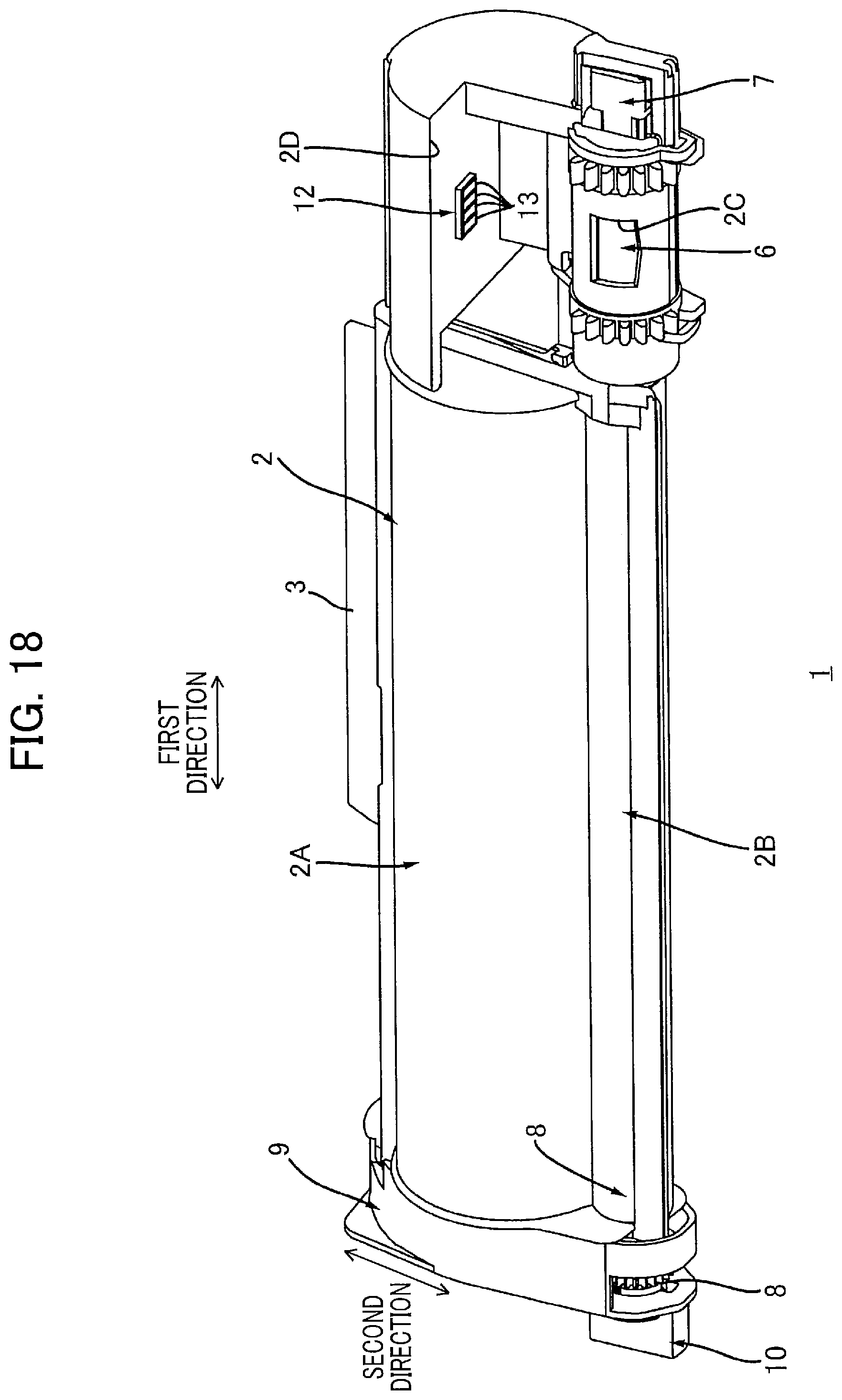 Patent US12174559 Figure 18 – Toner cartridge having electrical contact surface that can contact electrical contact surface of drum cartridge in accordance with pivotal movement of casing