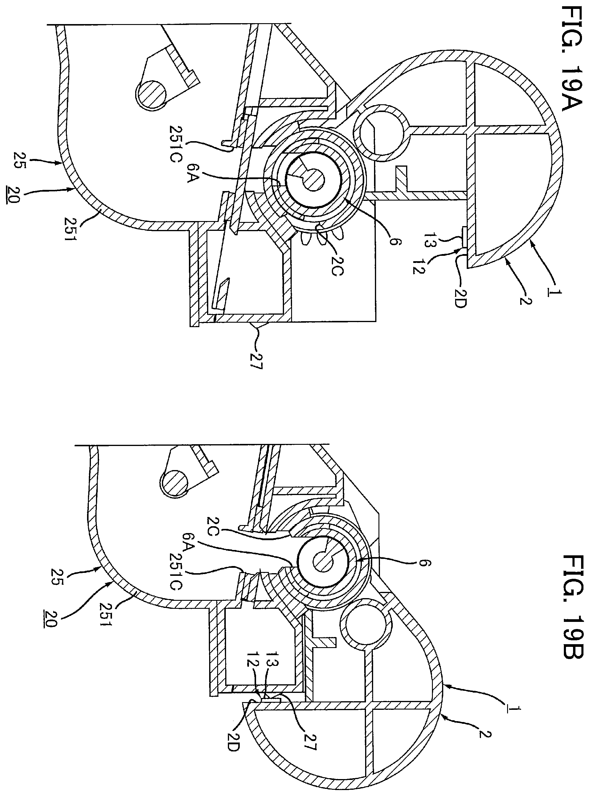 Patent US12174559 Figure 19 – Toner cartridge having electrical contact surface that can contact electrical contact surface of drum cartridge in accordance with pivotal movement of casing