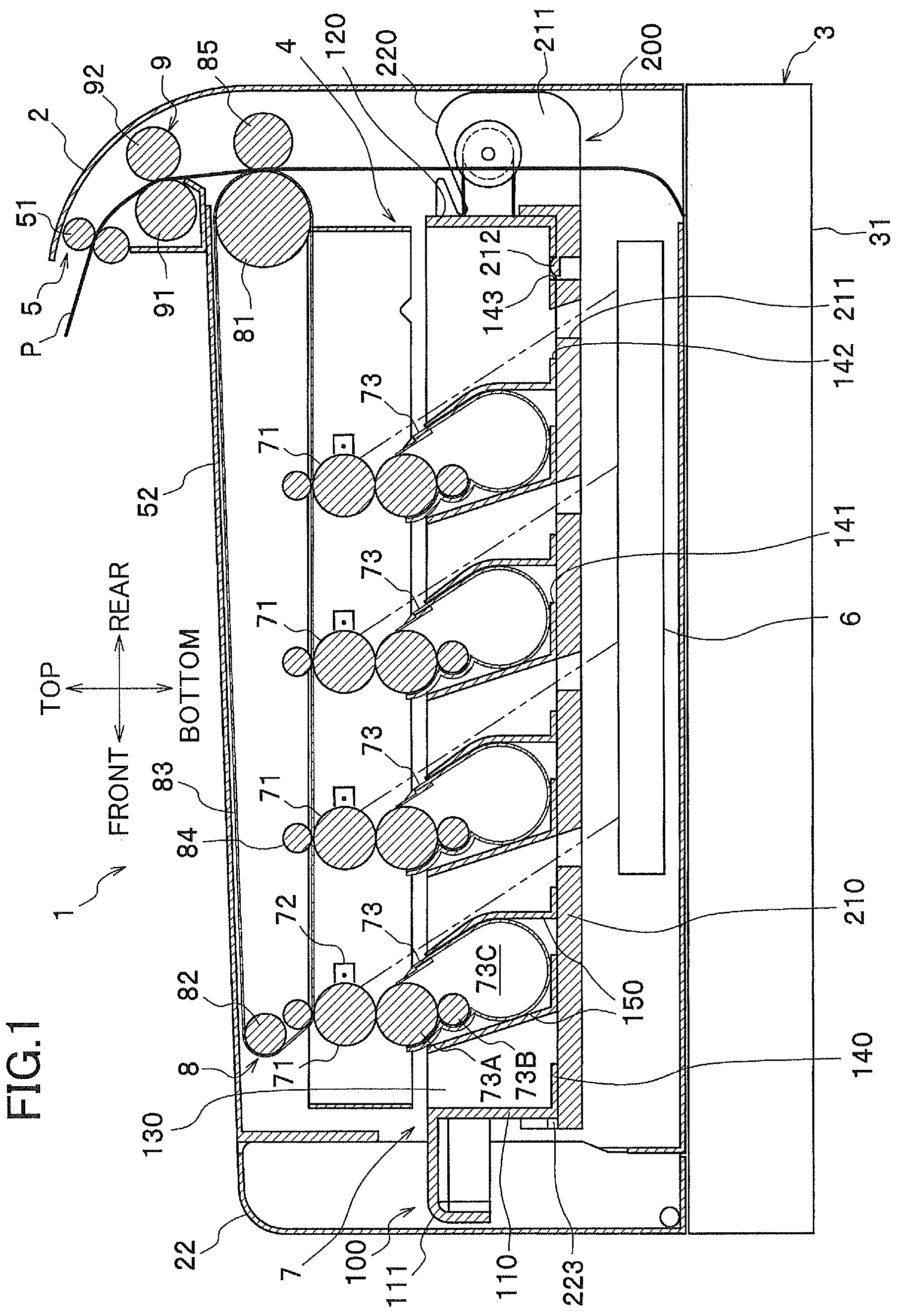 Patent US12174581 Figure 1 – Image-forming device having guide to guide drawer supporting developing units in main casing