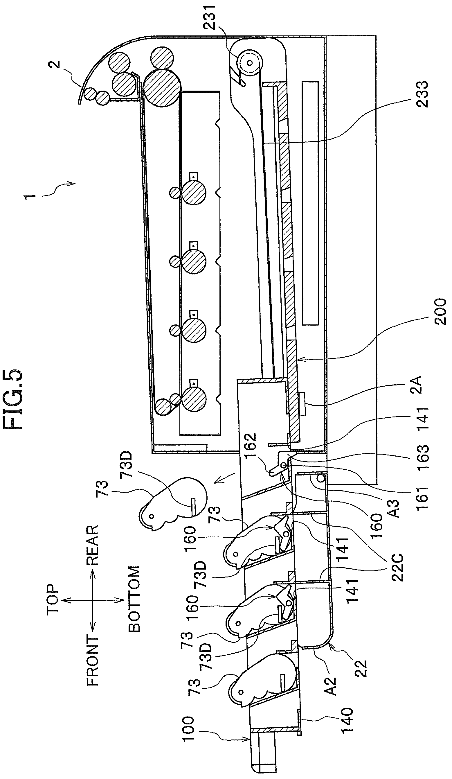 Patent US12174581 Figure 5 – Image-forming device having guide to guide drawer supporting developing units in main casing