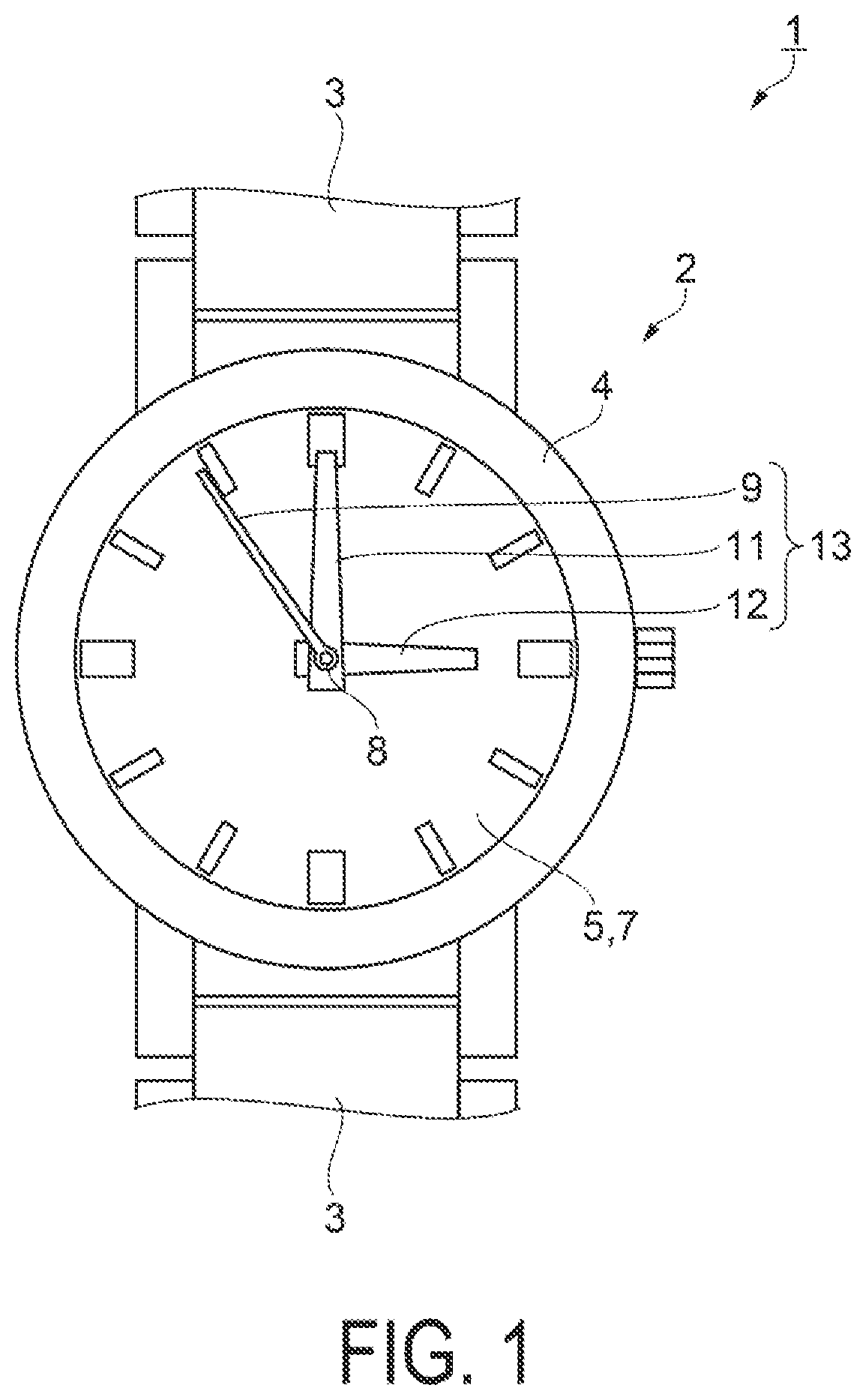 Patent US12174589 — Electronic watch having a date indicator between a battery and a movement — Figure 1