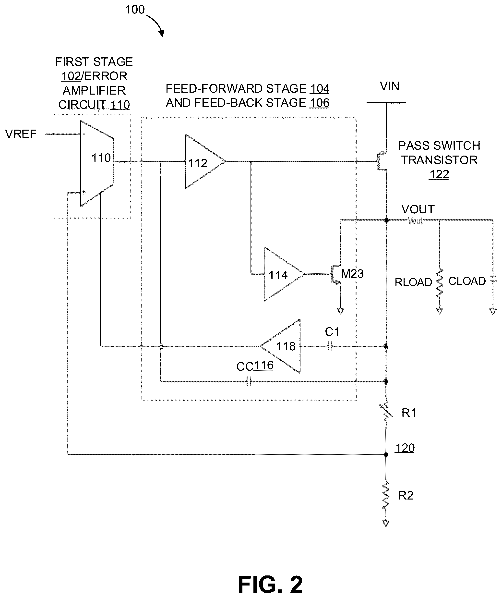 Patent US12174651 Figure 2 – Capacitor-less linear low drop out voltage regulating system and method with enhanced PSR, line-transient and load-transient responses