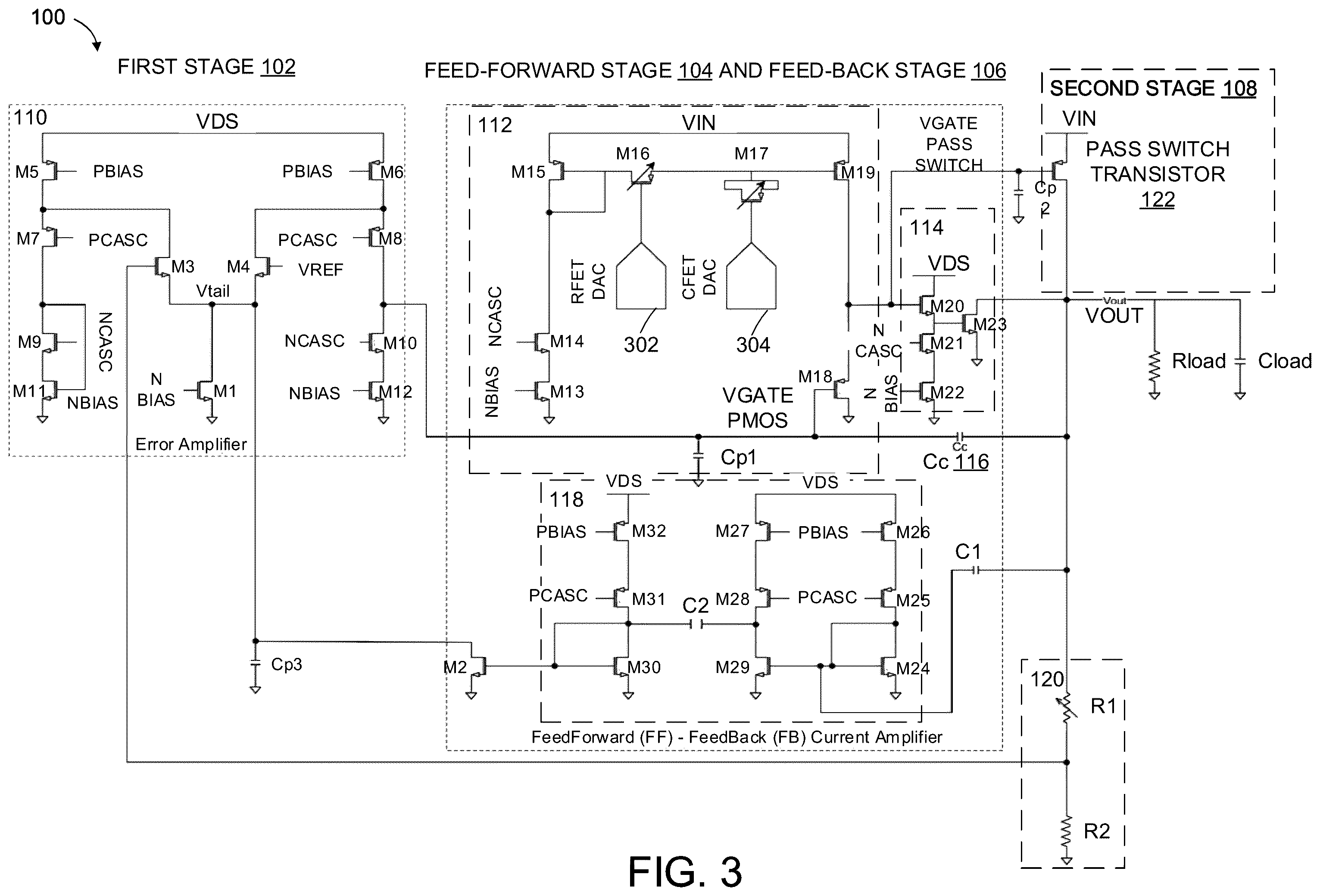 Patent US12174651 Figure 3 – Capacitor-less linear low drop out voltage regulating system and method with enhanced PSR, line-transient and load-transient responses