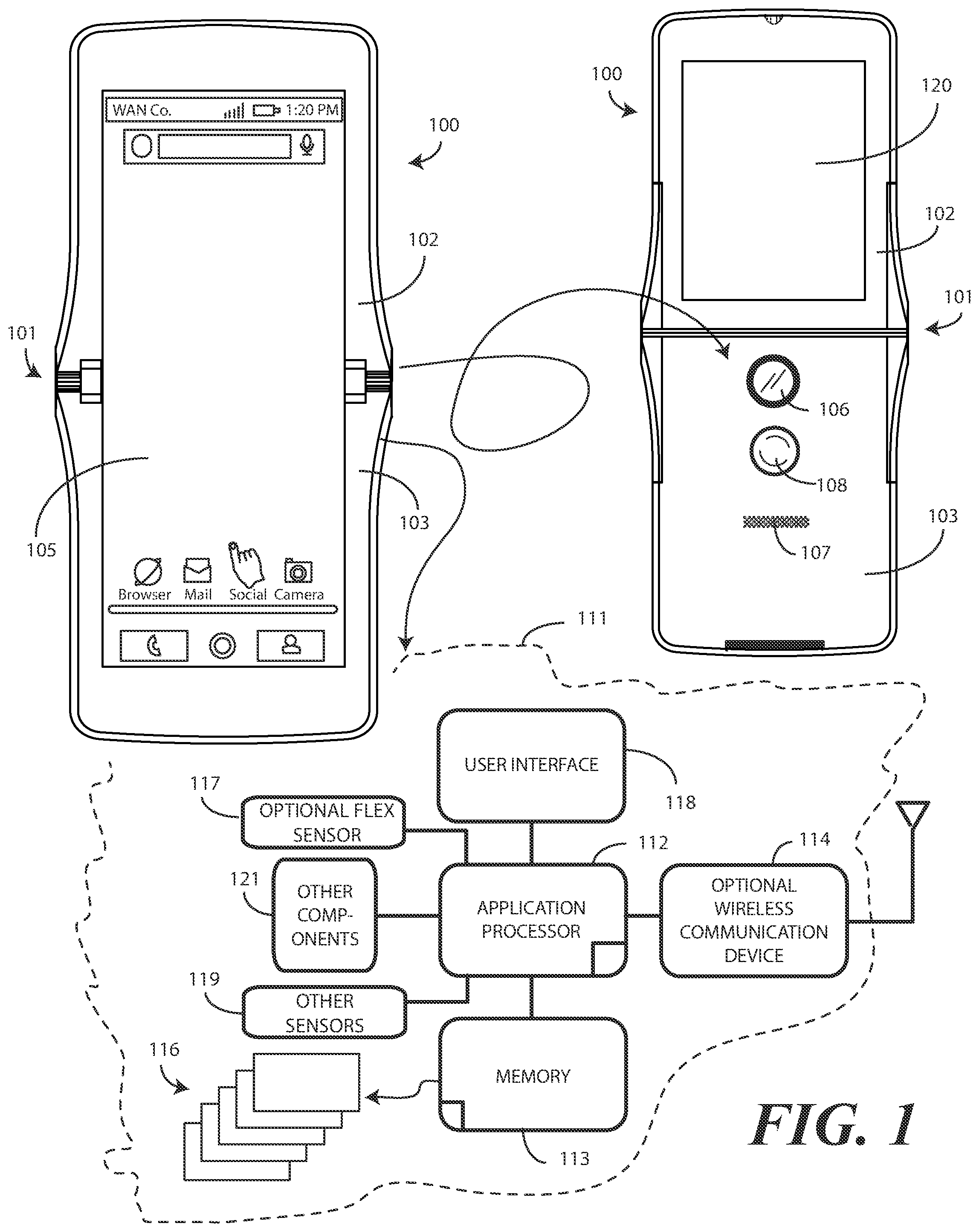 Patent US12174668 Figure 1 – Flexible display with preformed curvilinear foldable substrate and corresponding electronic devices and methods