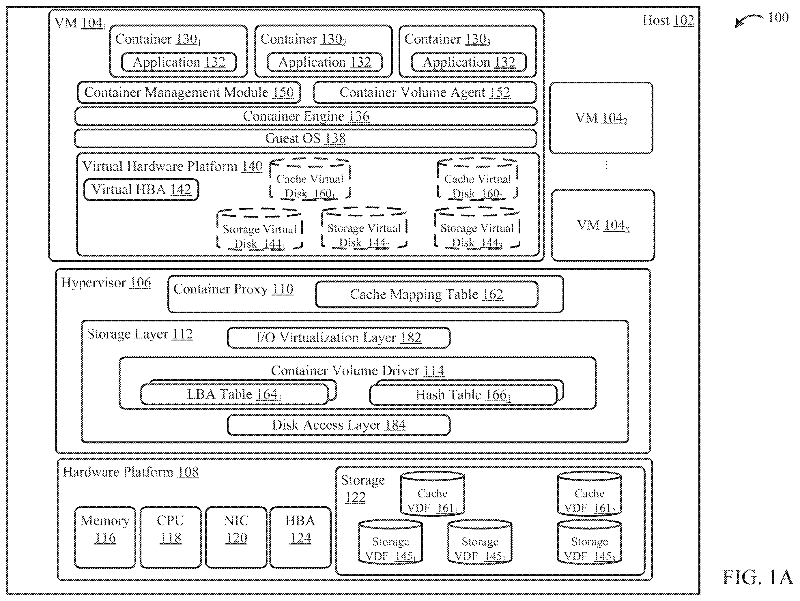 Patent US12174744 — Centralized, scalable cache for containerized applications in a virtualized environment — Figure 1