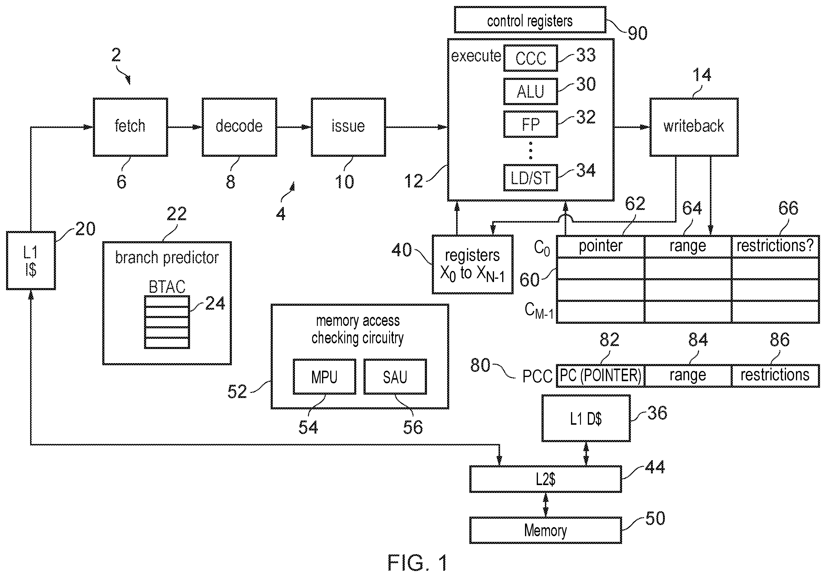 Patent US12174755 — Technique for constraining access to memory using capabilities — Figure 1