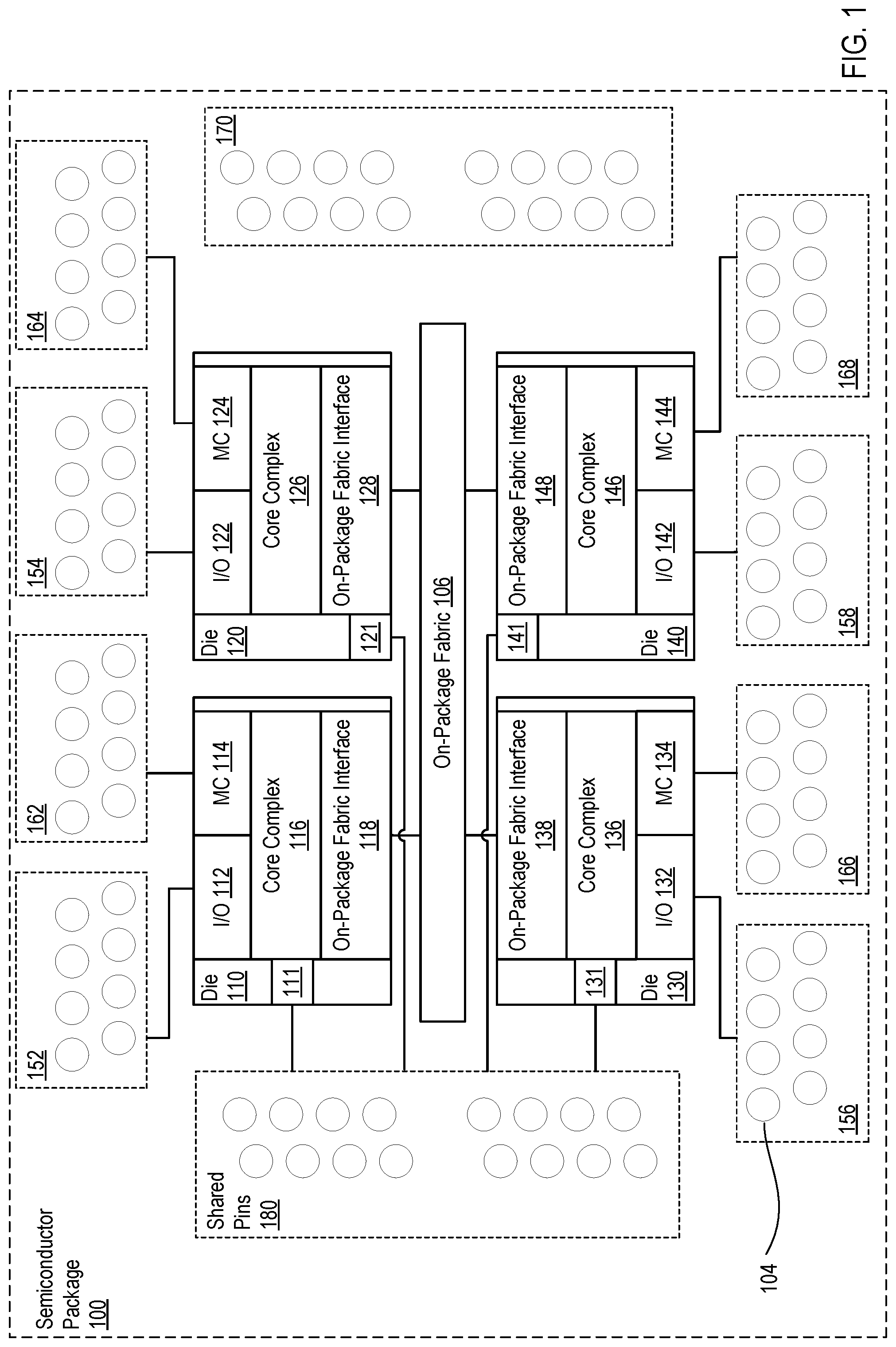 Patent US12174771 Figure 1 – Sharing package pins in a multi-chip module (MCM)