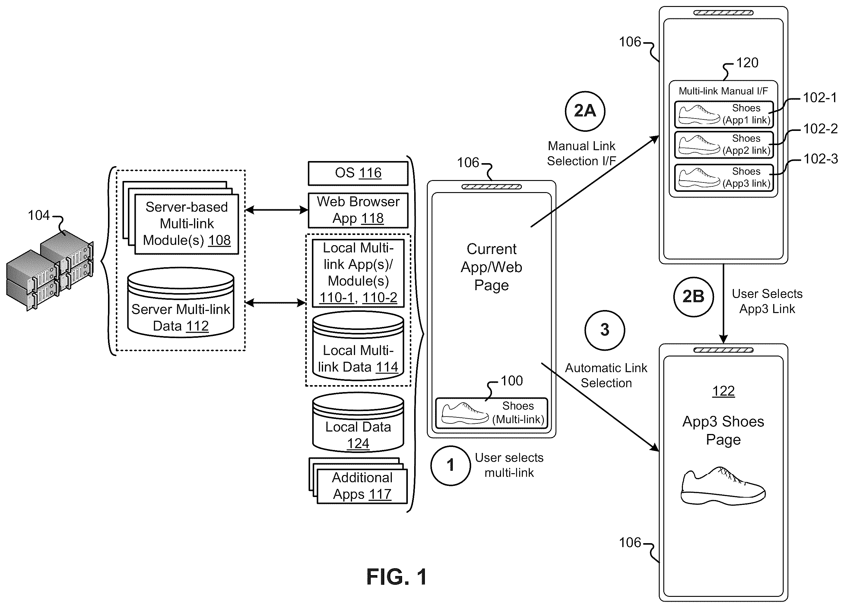 Patent US12174904 Figure 1 – User-selectable link including multiple routing links
