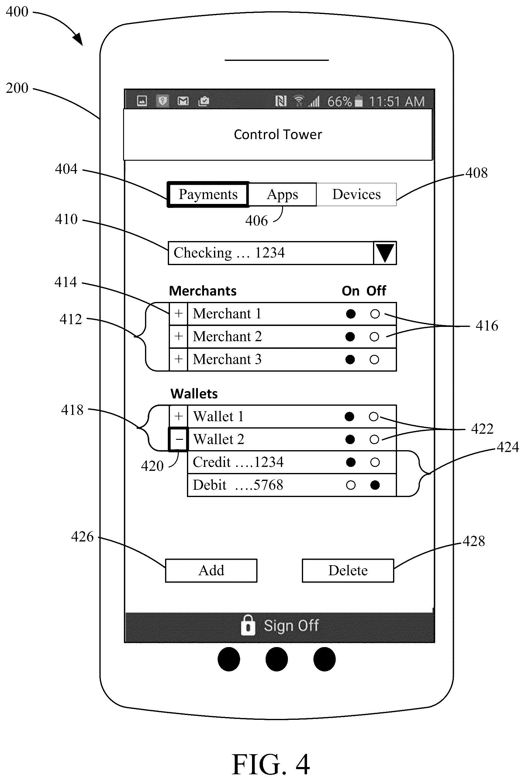 Patent US12174992 Figure 4 – Access control interface for managing entities and permissions
