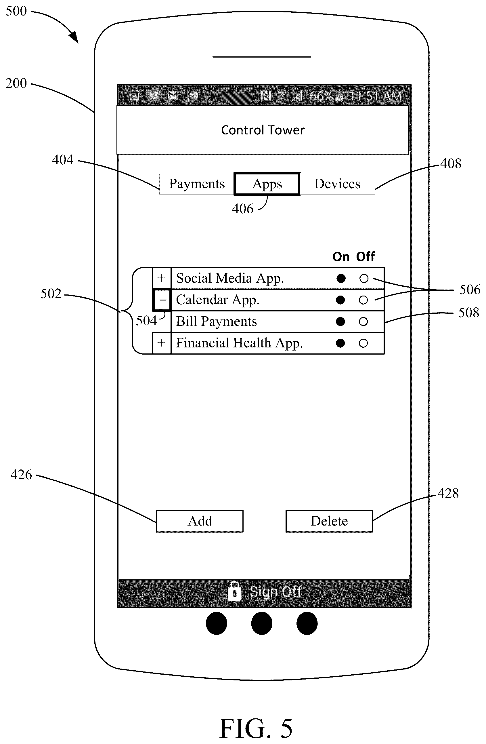 Patent US12174992 Figure 5 – Access control interface for managing entities and permissions