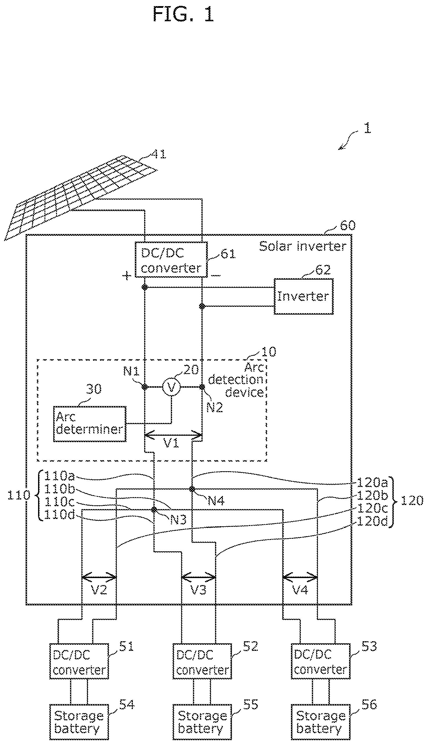 Patent US12184055 Figure 1 – Arc detection device, solar inverter, indoor wiring system, breaker, solar panel, solar panel- attached module, and junction box