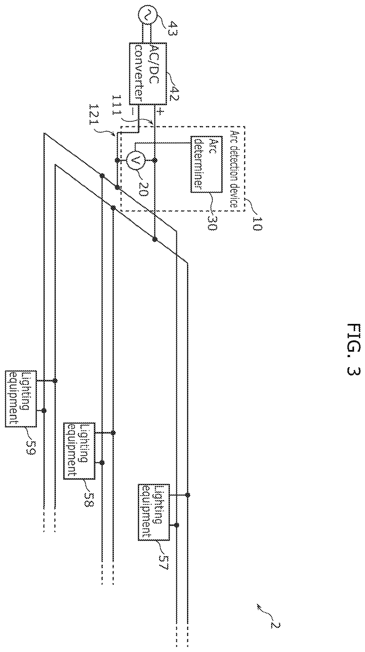 Patent US12184055 Figure 3 – Arc detection device, solar inverter, indoor wiring system, breaker, solar panel, solar panel- attached module, and junction box
