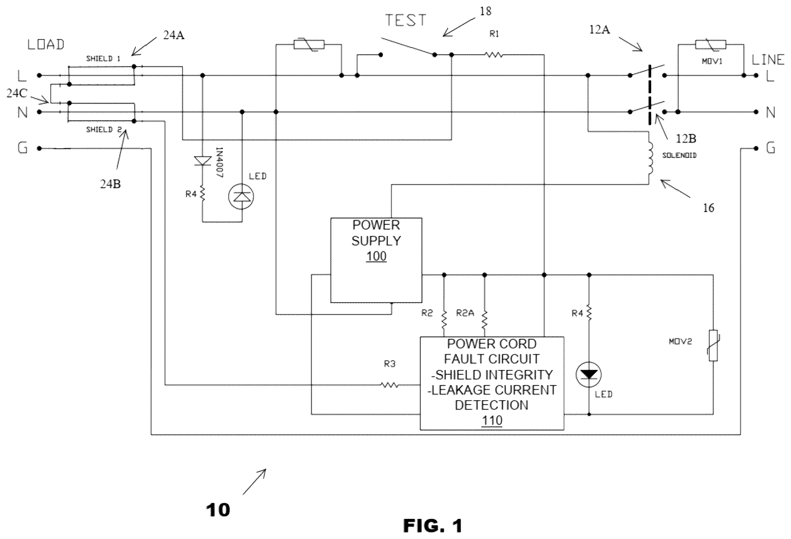 Patent US12184056 Figure 1 – Power cord LCDI and hotspot detector circuit