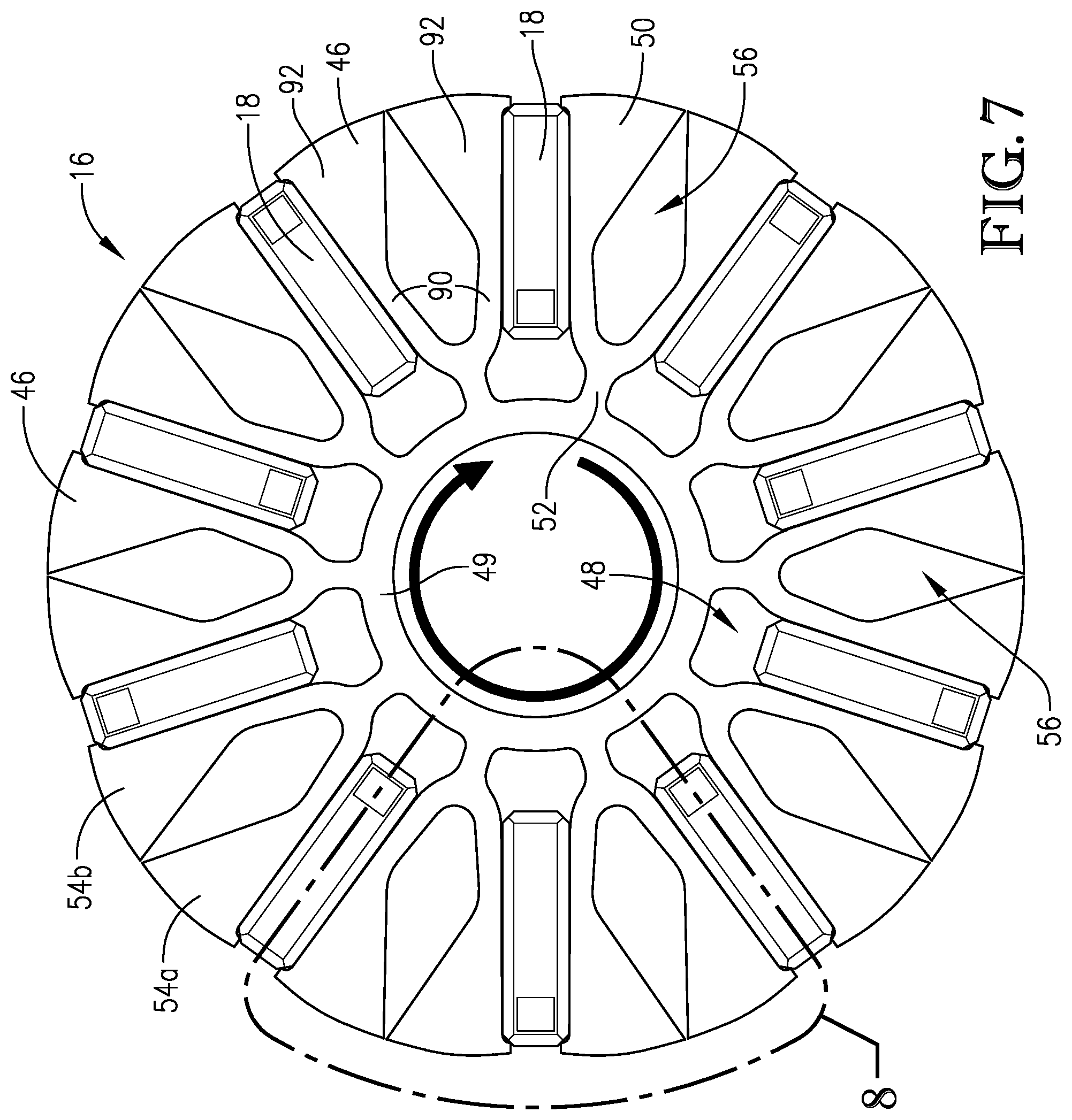 Patent US12184125 Figure 7 – Spoked rotor having deflectable magnet-retaining spokes