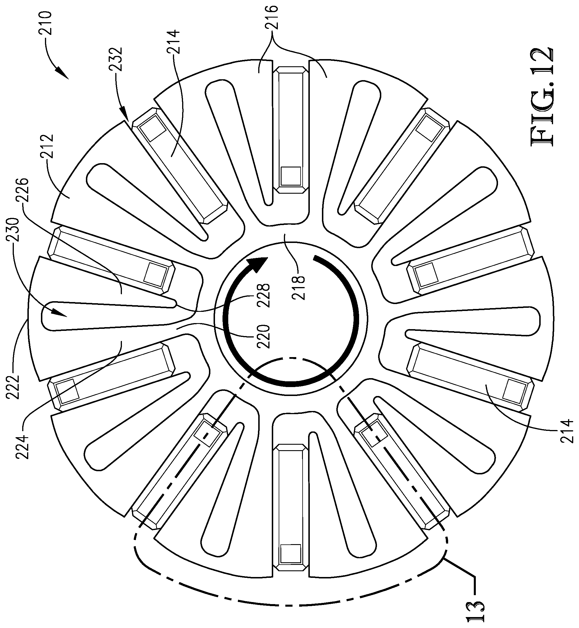 Patent US12184125 Figure 13 – Spoked rotor having deflectable magnet-retaining spokes