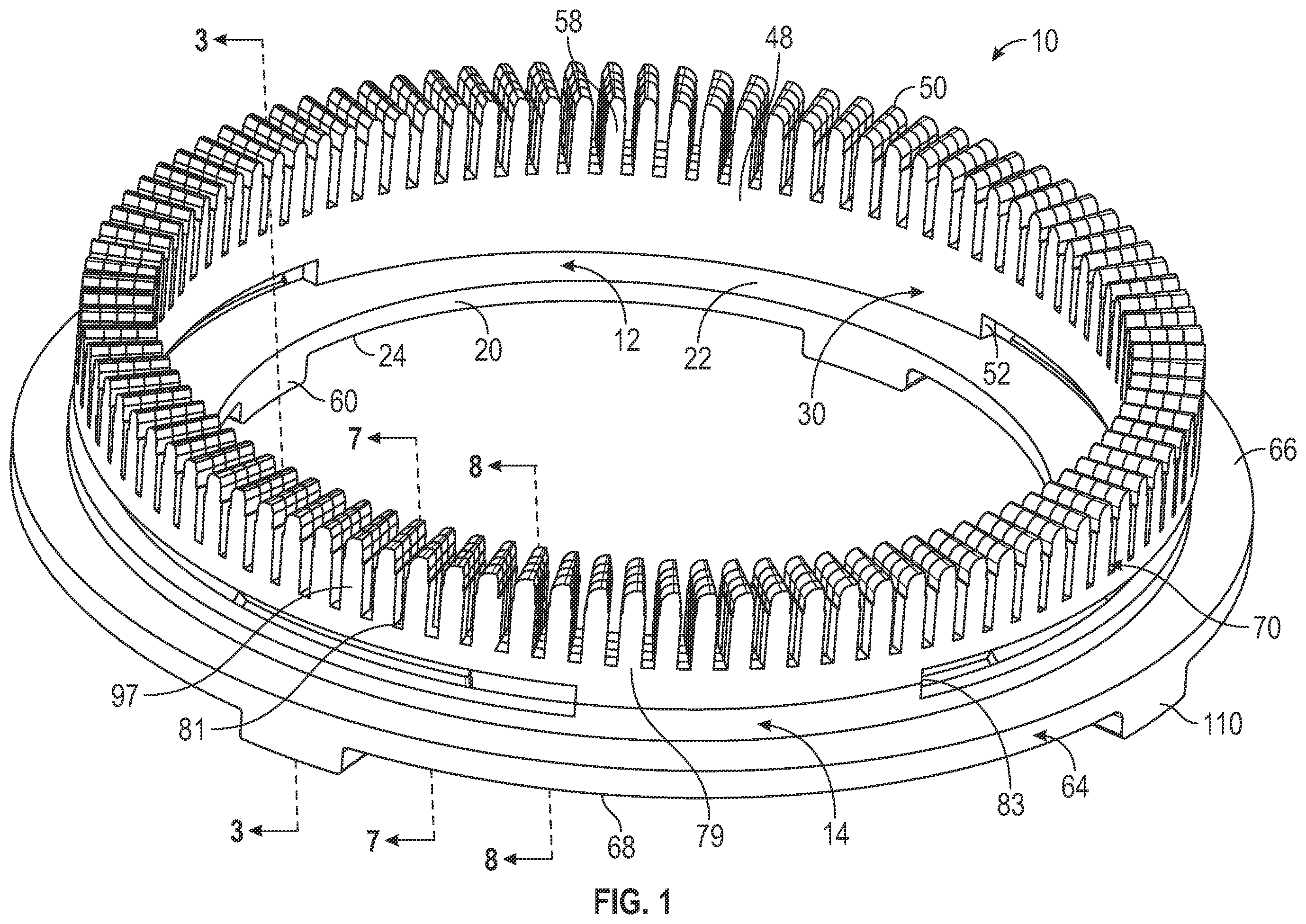 Patent US12184131 Figure 1 – Interlocking tool for forming stator winding end turns