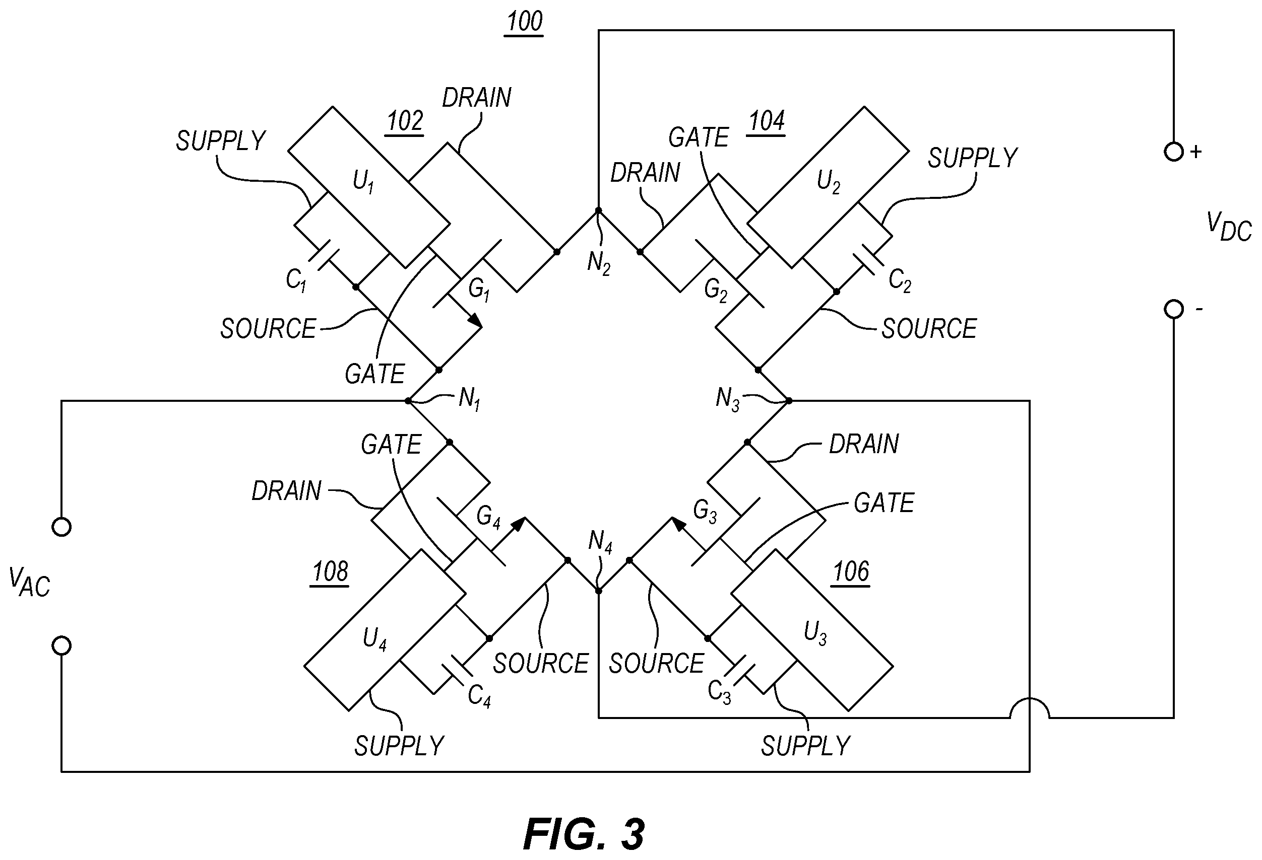 Patent US12184199 Figure 2 – Synchronous bridge rectifier using planar switching elements