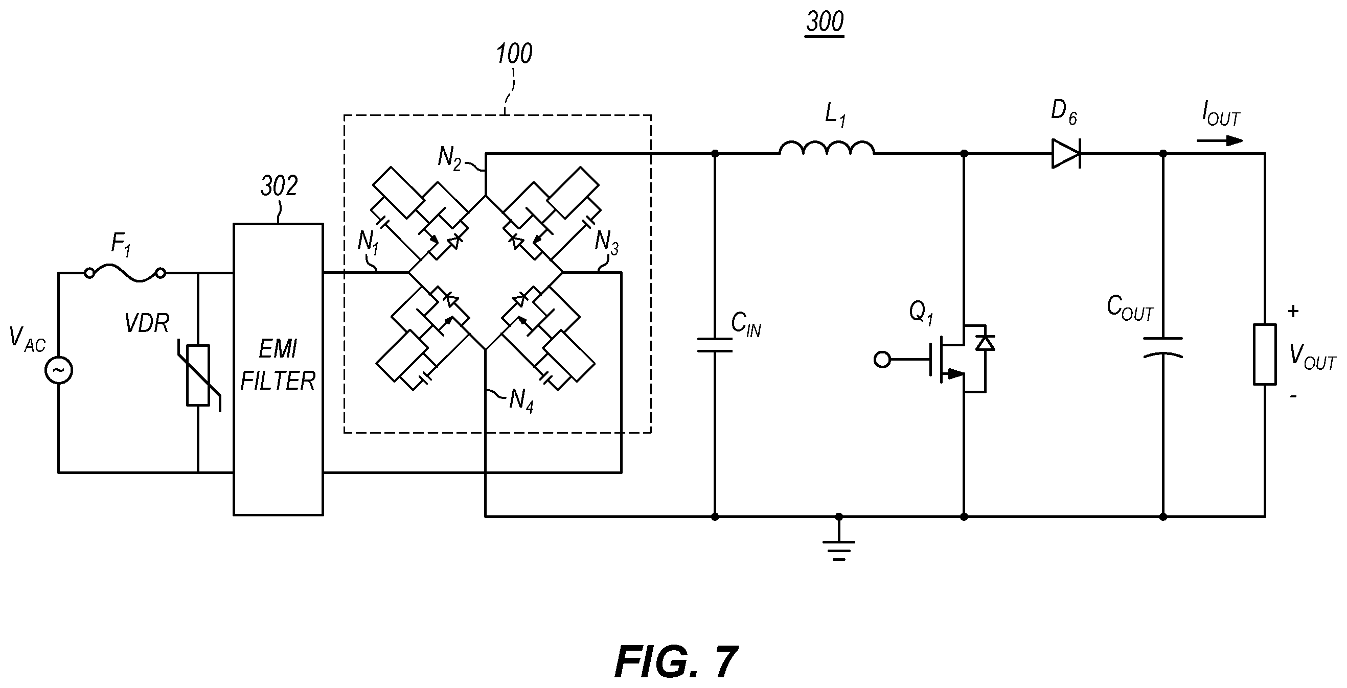 Patent US12184199 Figure 5 – Synchronous bridge rectifier using planar switching elements