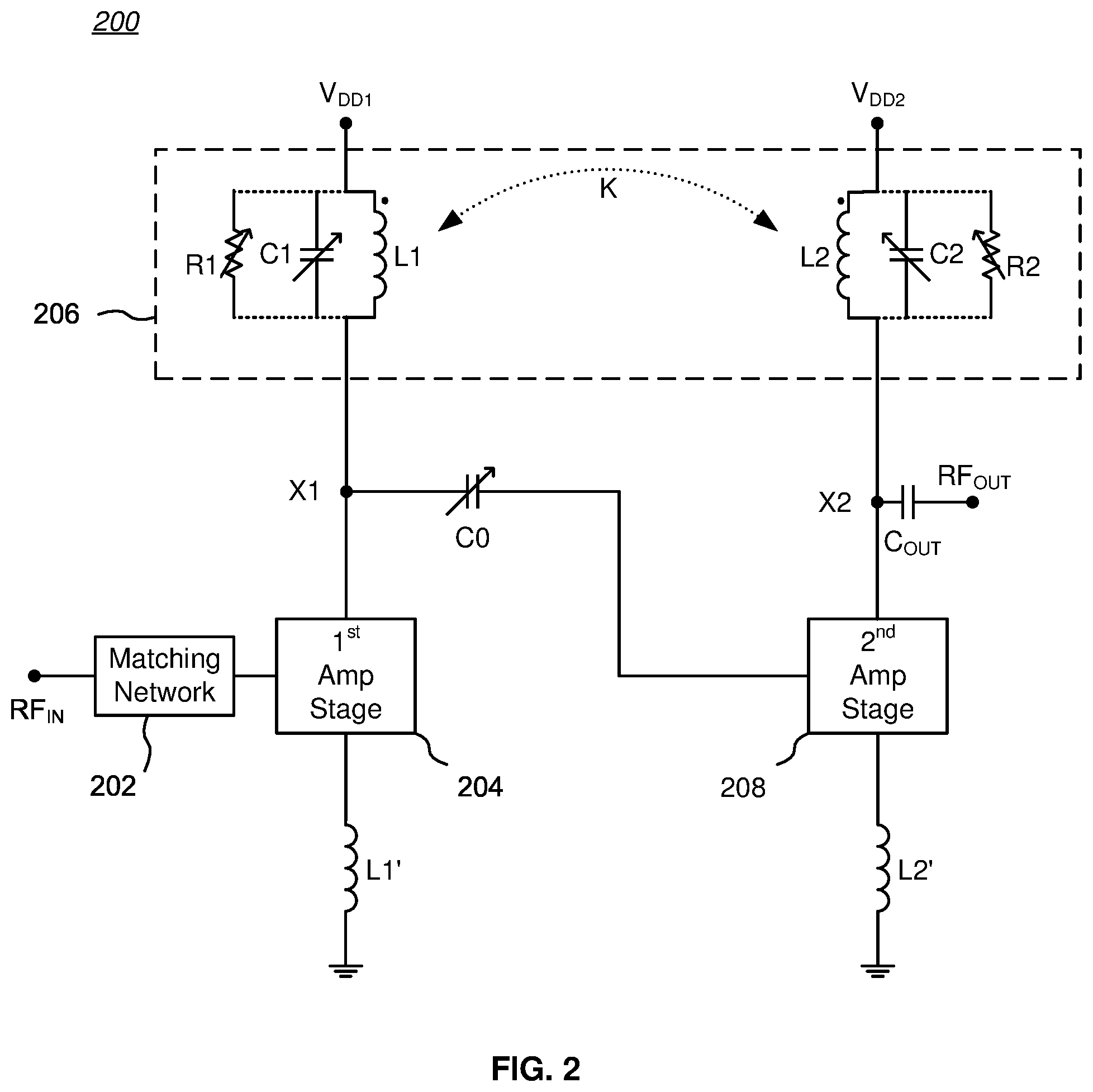 Patent US12184242 Figure 2 – Two-stage LNA with mutual coupling