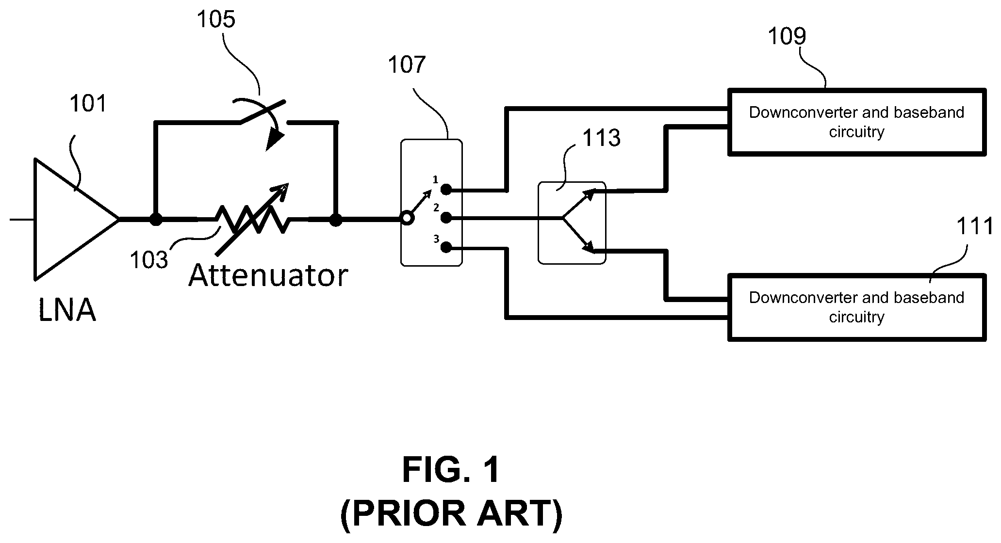 Patent US12184248 Figure 1 – RFFE LNA topology supporting both noncontiguous intraband carrier aggregation and interband carrier aggregation