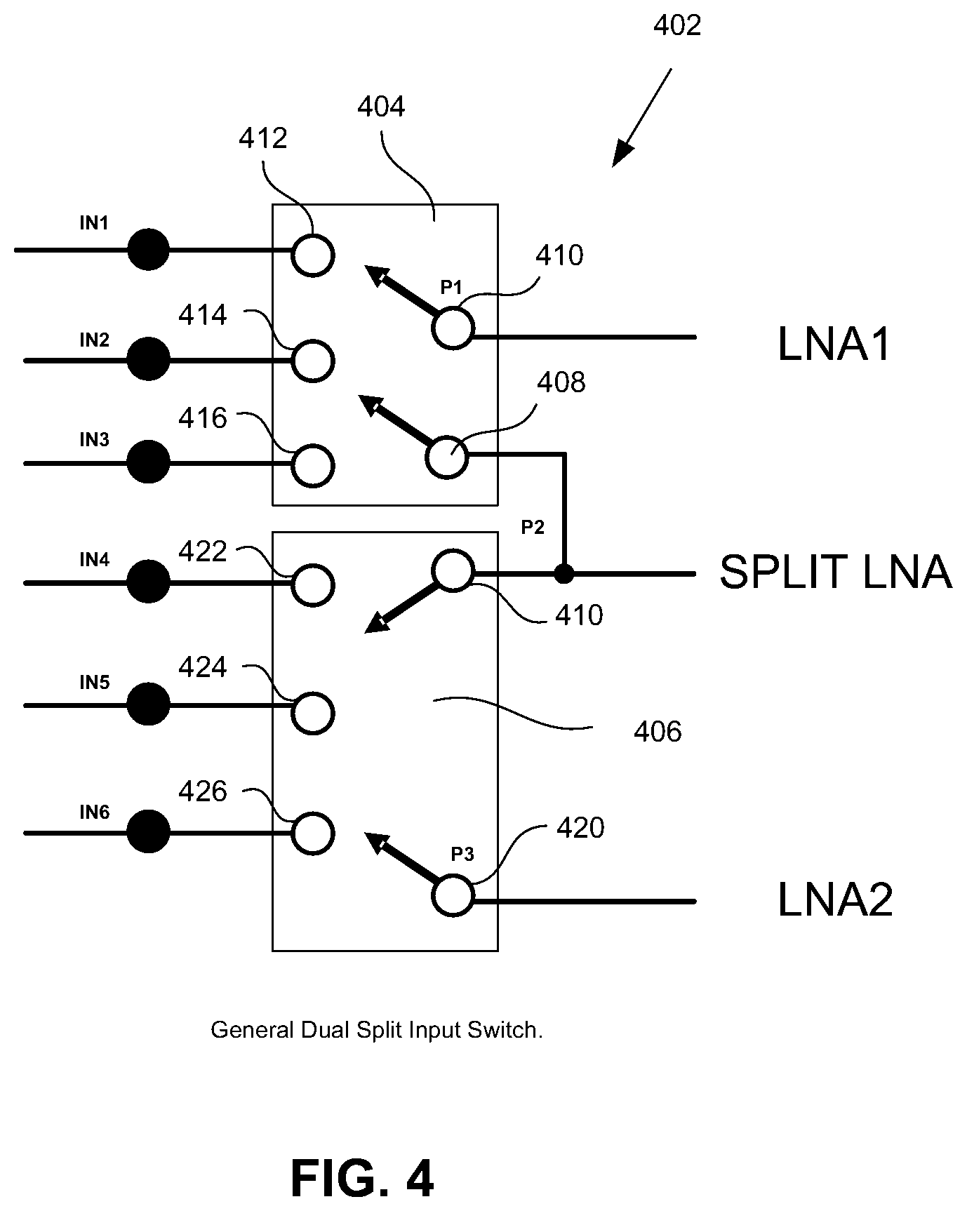 Patent US12184248 Figure 5 – RFFE LNA topology supporting both noncontiguous intraband carrier aggregation and interband carrier aggregation