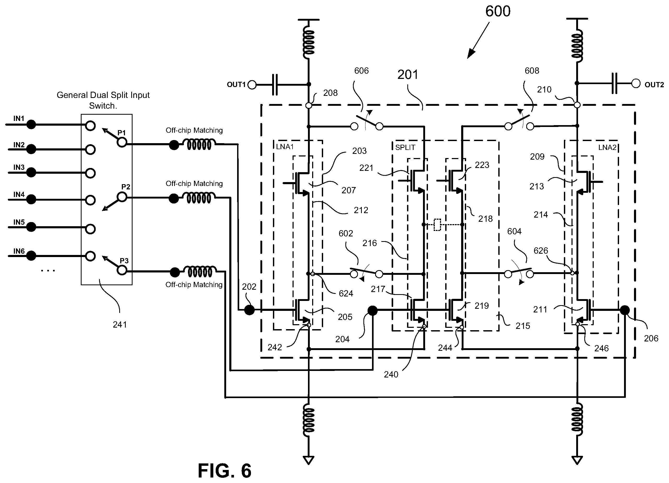 Patent US12184248 Figure 7 – RFFE LNA topology supporting both noncontiguous intraband carrier aggregation and interband carrier aggregation