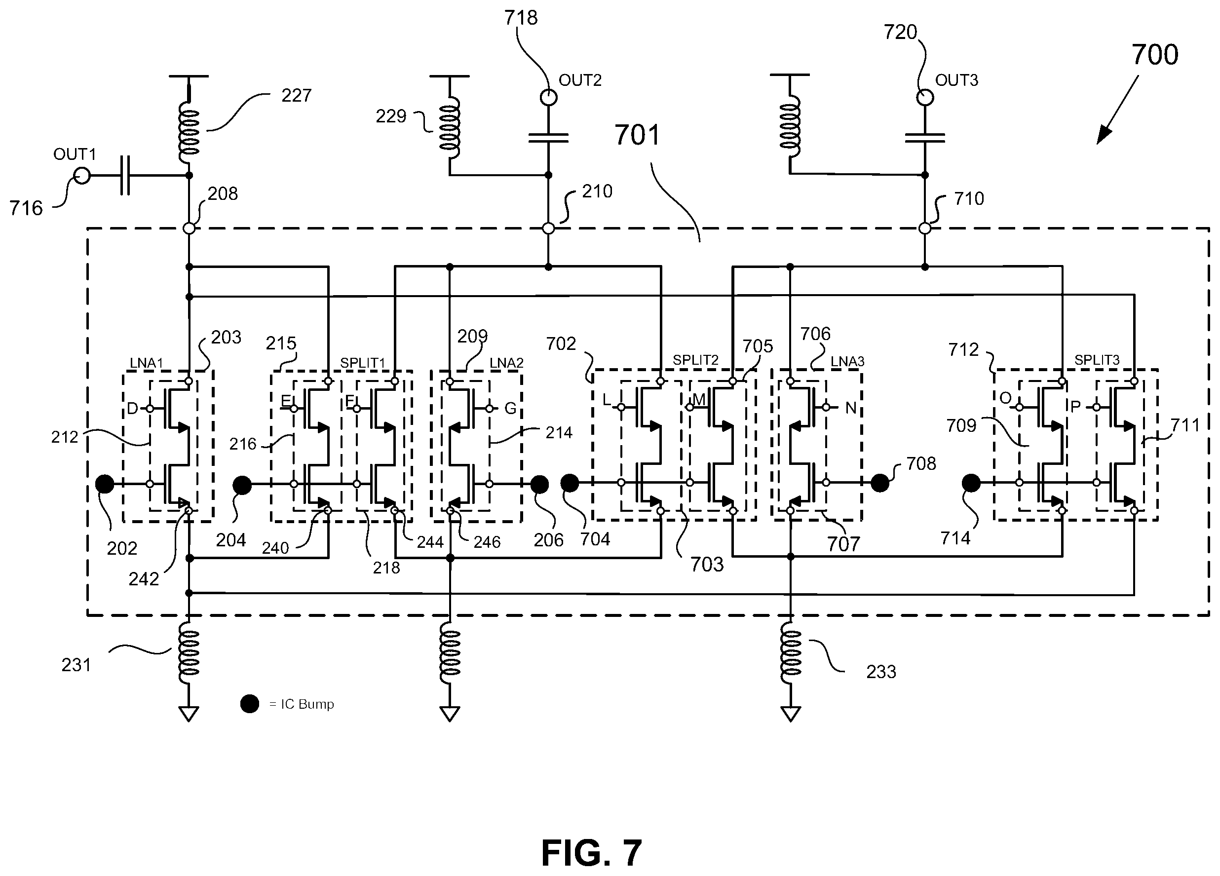 Patent US12184248 Figure 8 – RFFE LNA topology supporting both noncontiguous intraband carrier aggregation and interband carrier aggregation